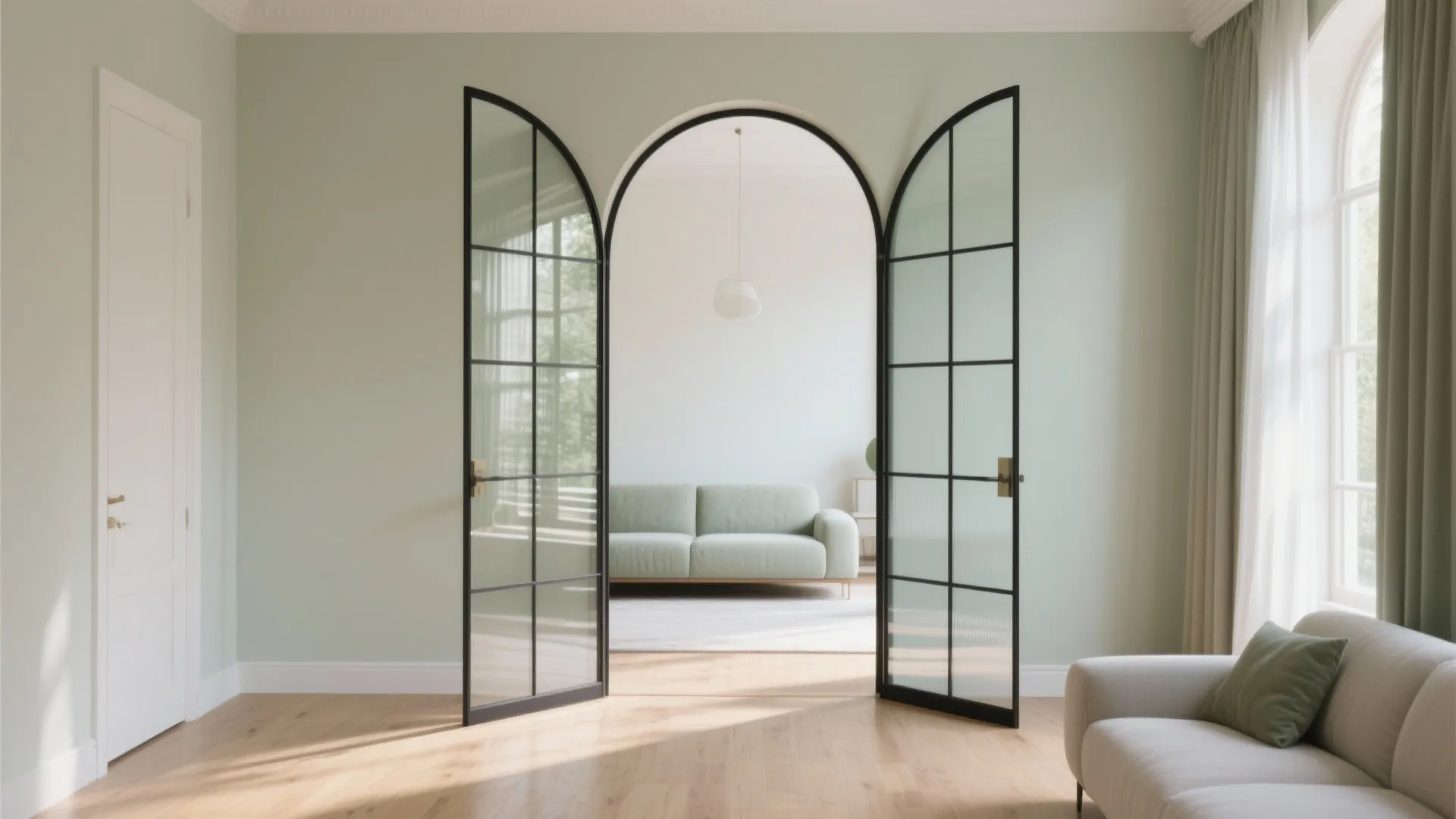 Light green room with open black arched glass doors leading to a living area sofa