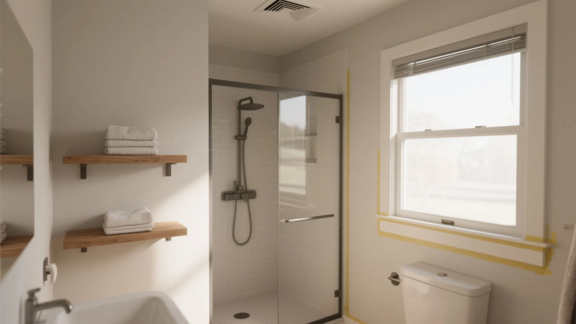 Clean modern bathroom with glass shower door white toilet wooden shelves and bright natural window