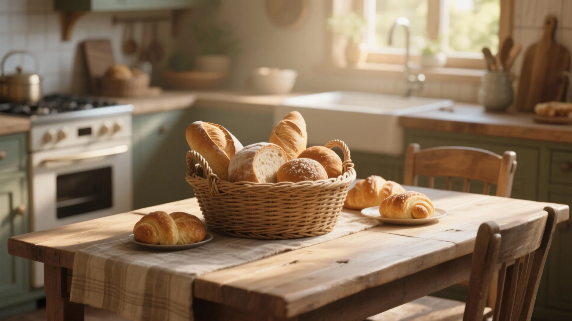 Wicker basket with fresh bread and croissants on a wooden table in cozy rustic kitchen