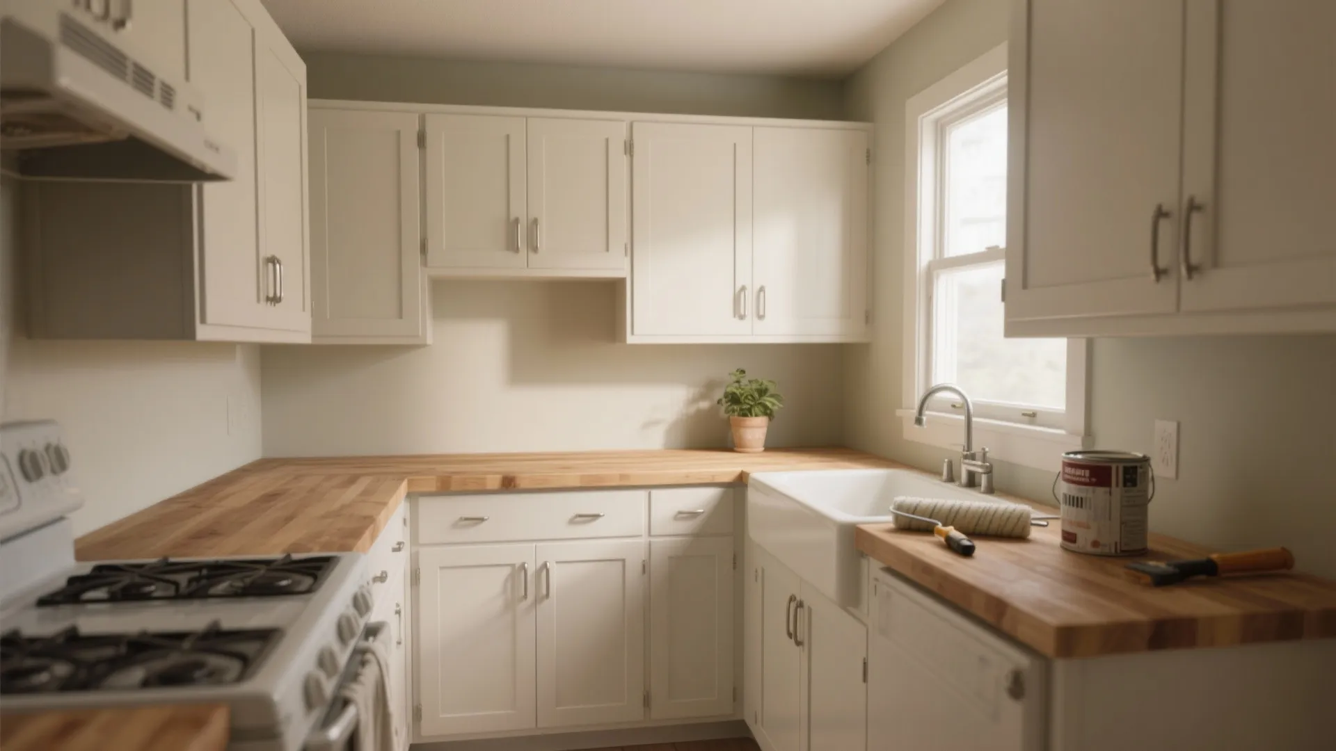 Modern kitchen with white cabinet units wood countertop white sink and painting tools for home renovation