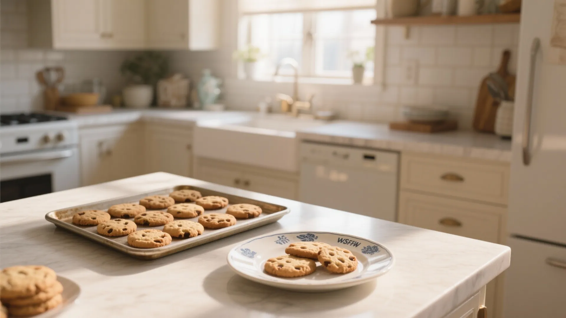 Fresh baked chocolate chip cookies on a baking tray in a bright white airy kitchen