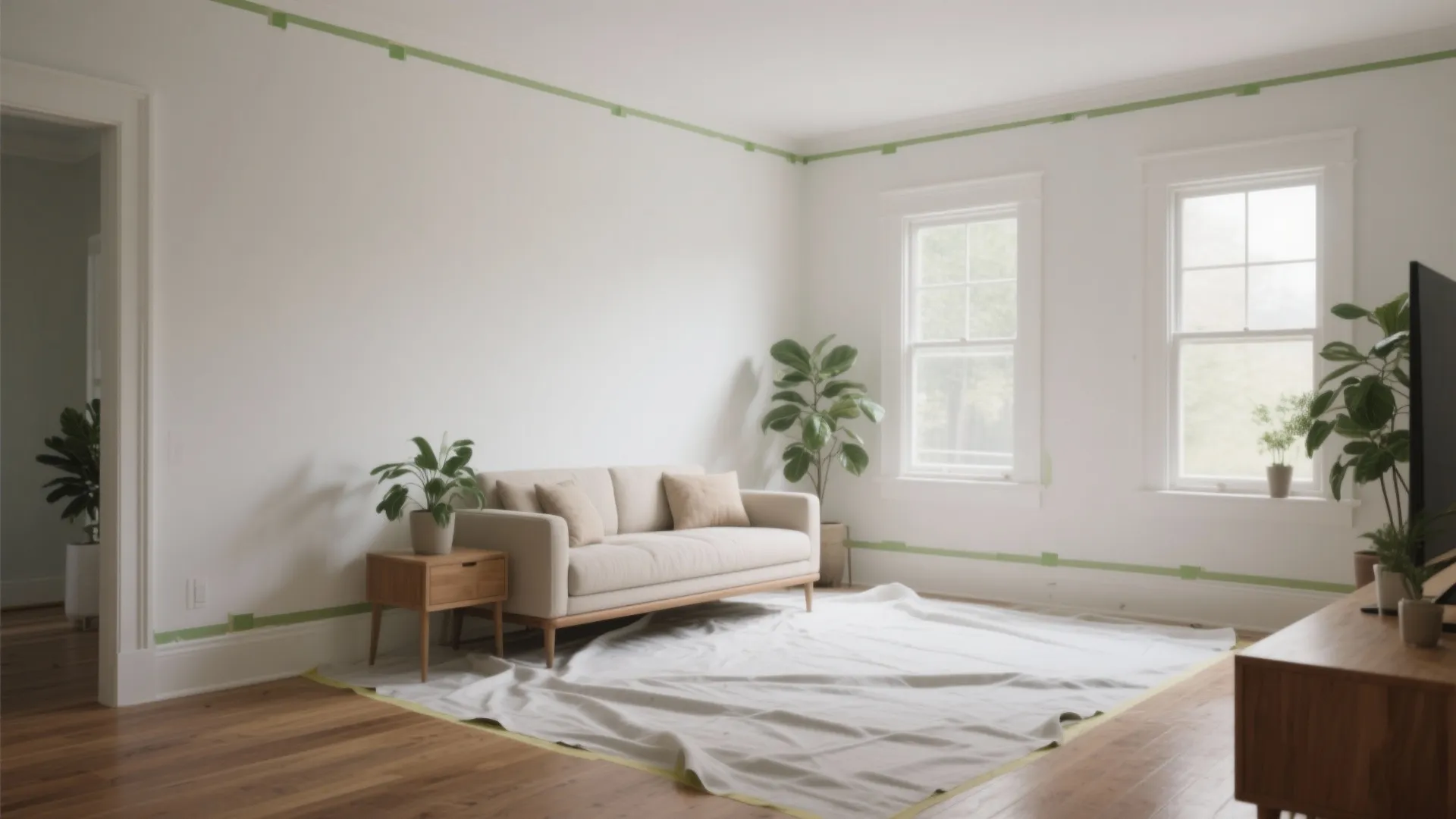 Bright living room with white walls green masking tape beige sofa and white floor covering