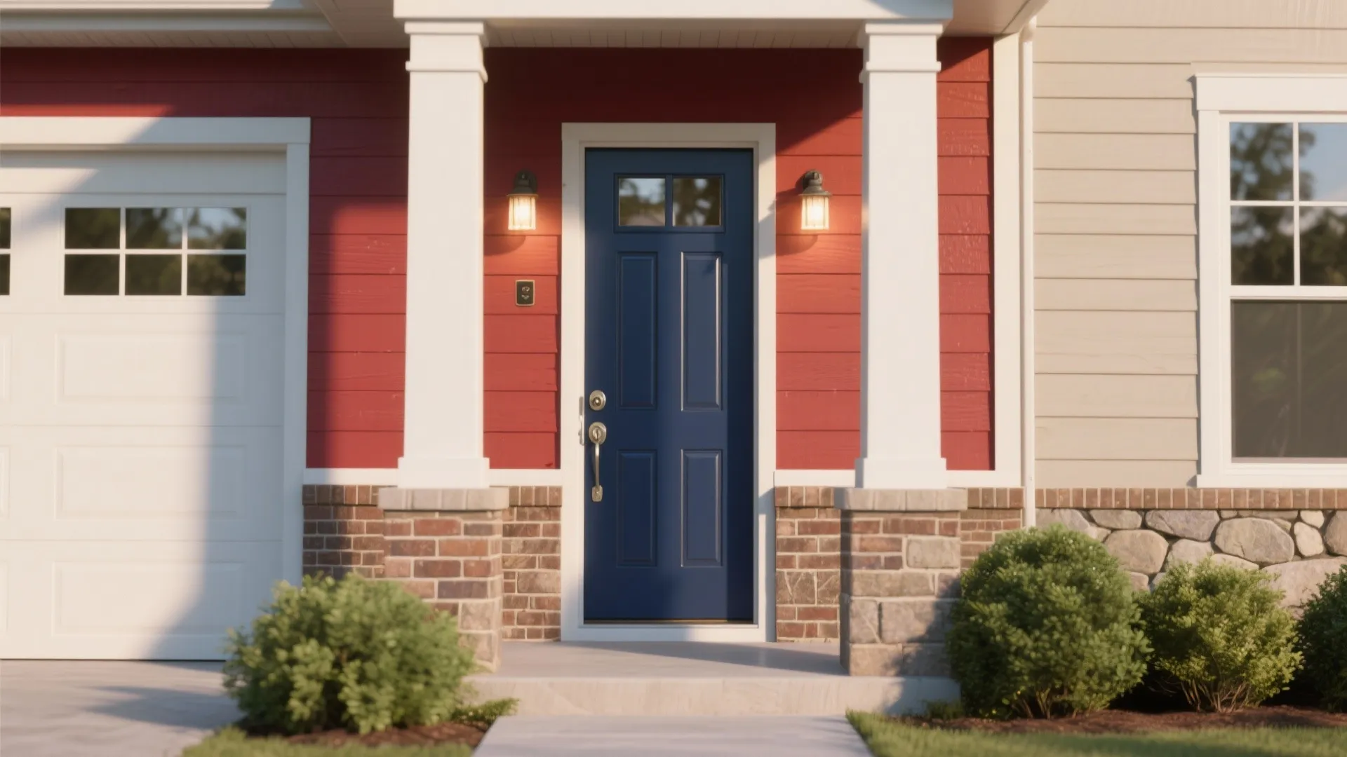 Blue front door on red house with white columns wall lights green bushes and driveway