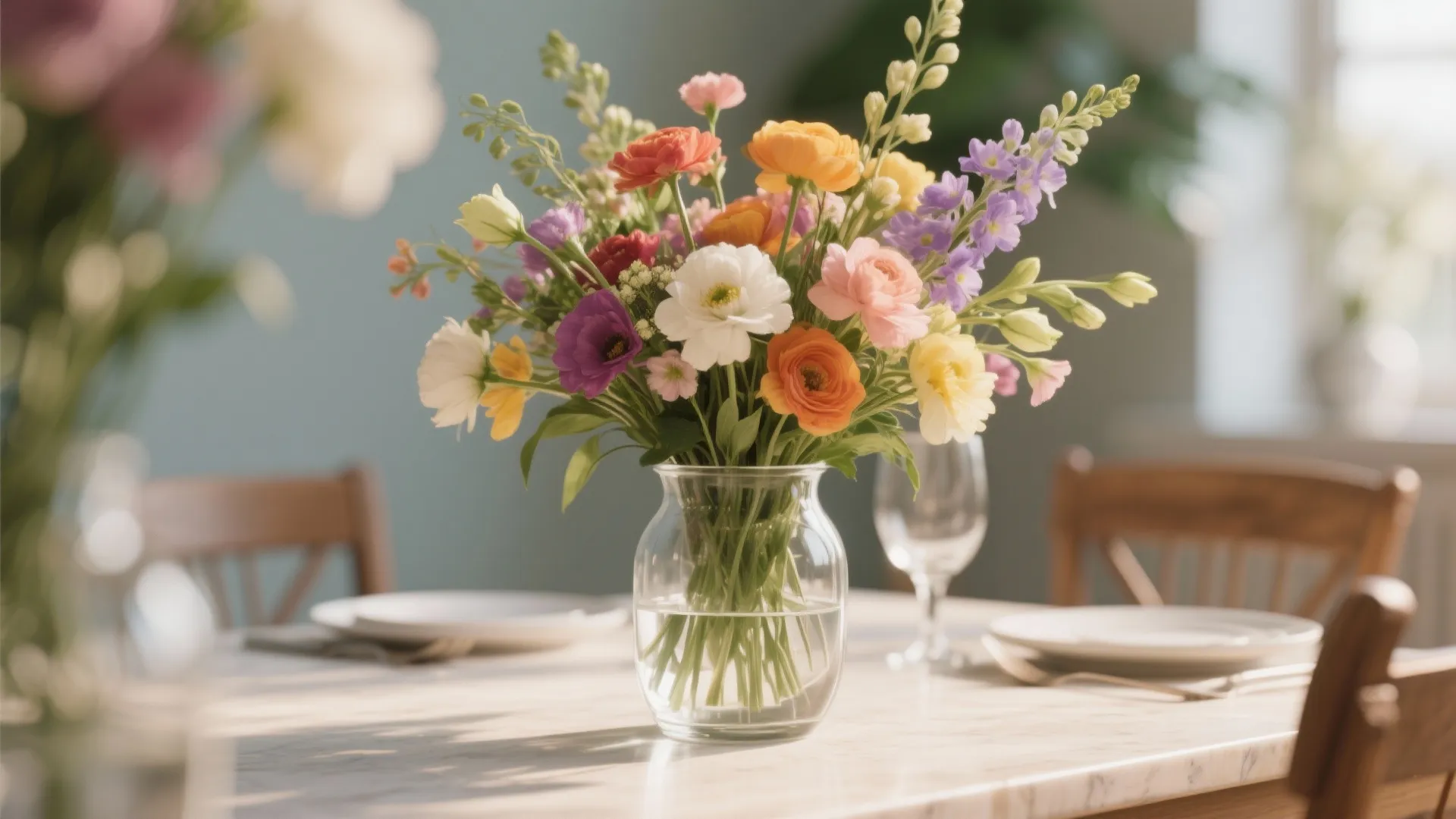 Colorful flower bouquet in a clear glass vase on a wooden table with dining chairs