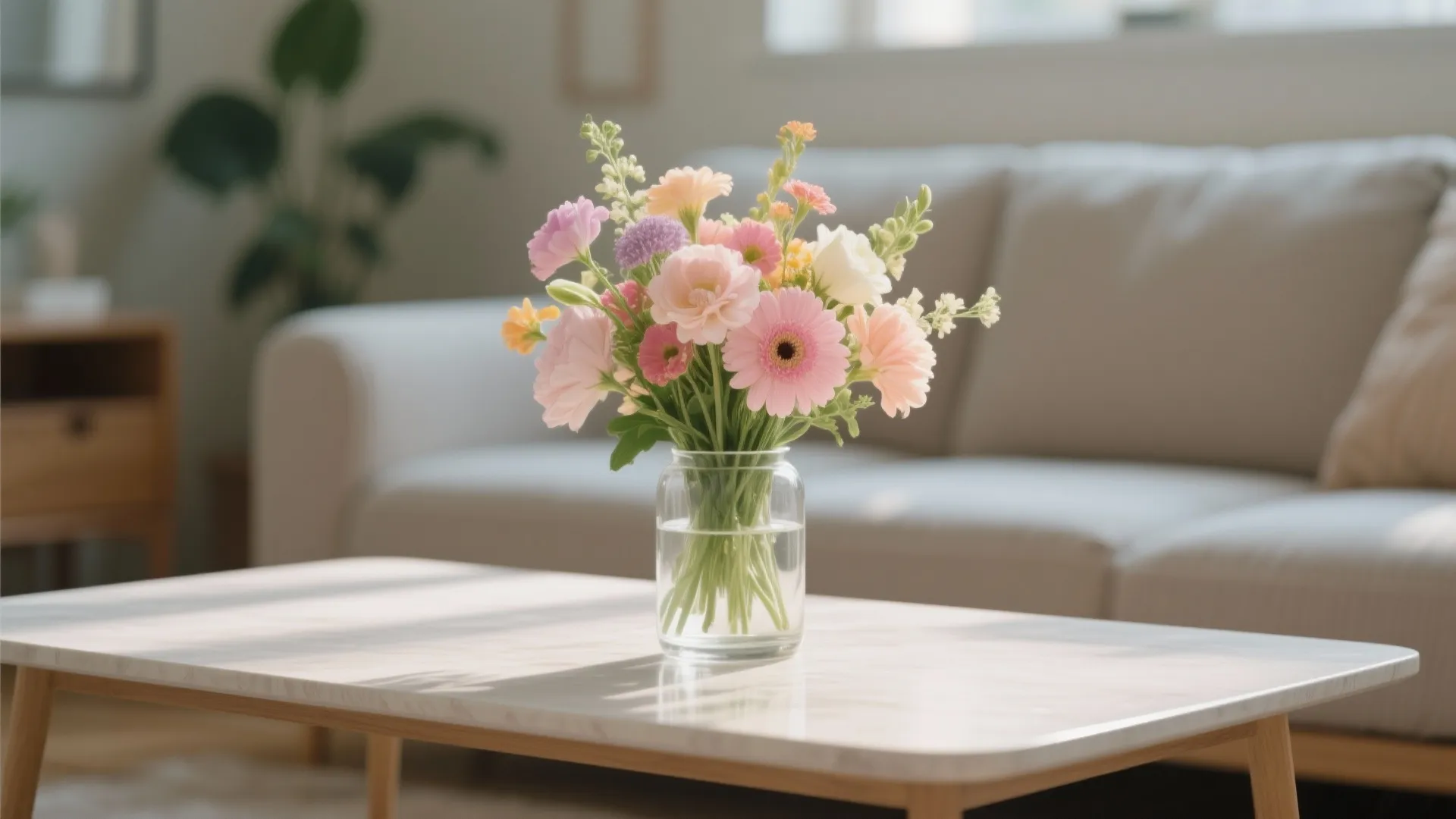Colorful spring flowers in glass jar on white coffee table in sunlit living room setting