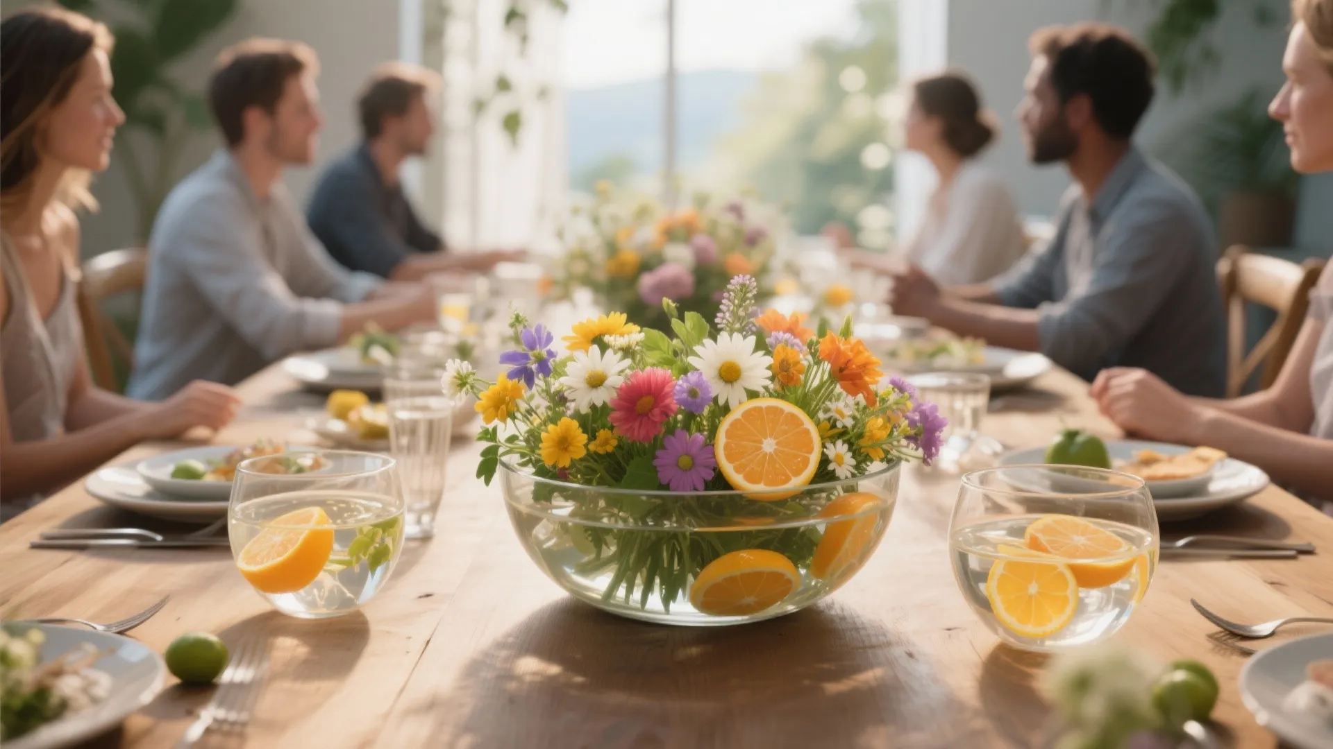 Colorful fresh flowers and orange slices in glass bowls on a large wooden dining table