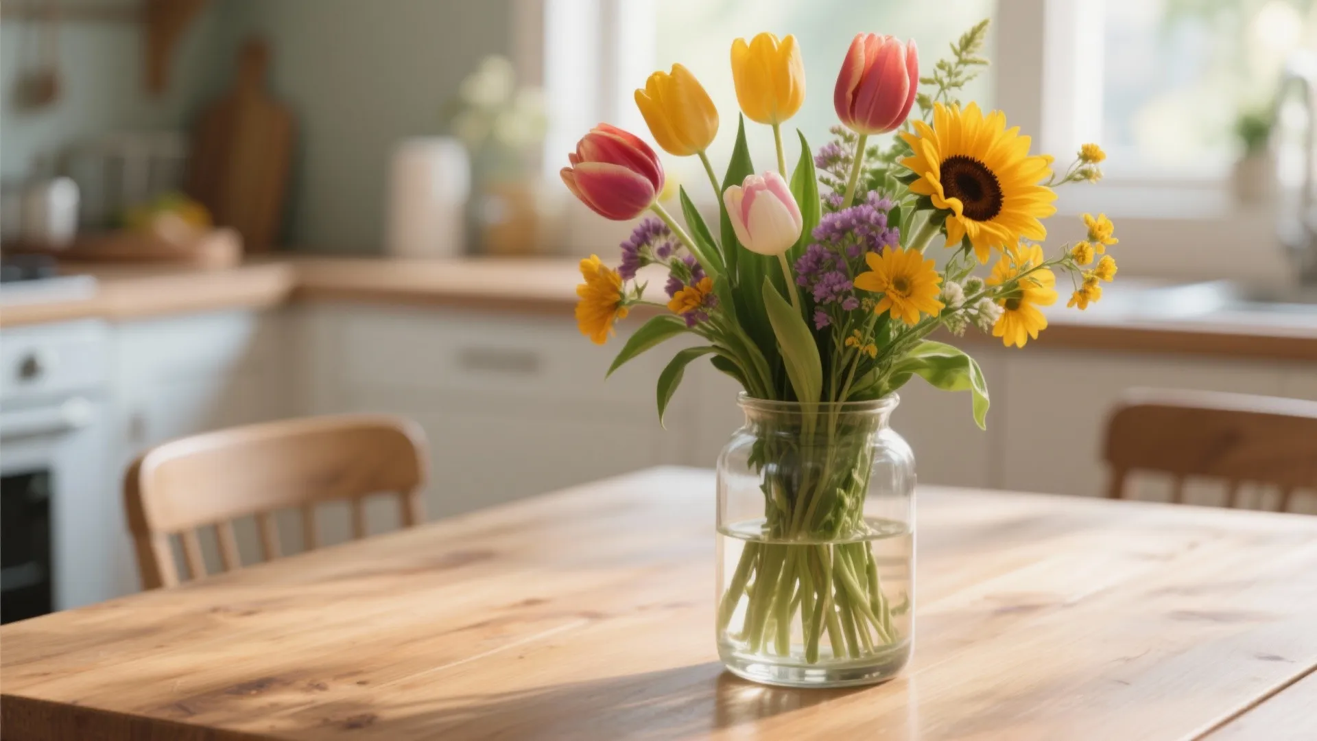 Colorful tulips and sunflowers in glass vase on wooden dining table in bright sunny kitchen
