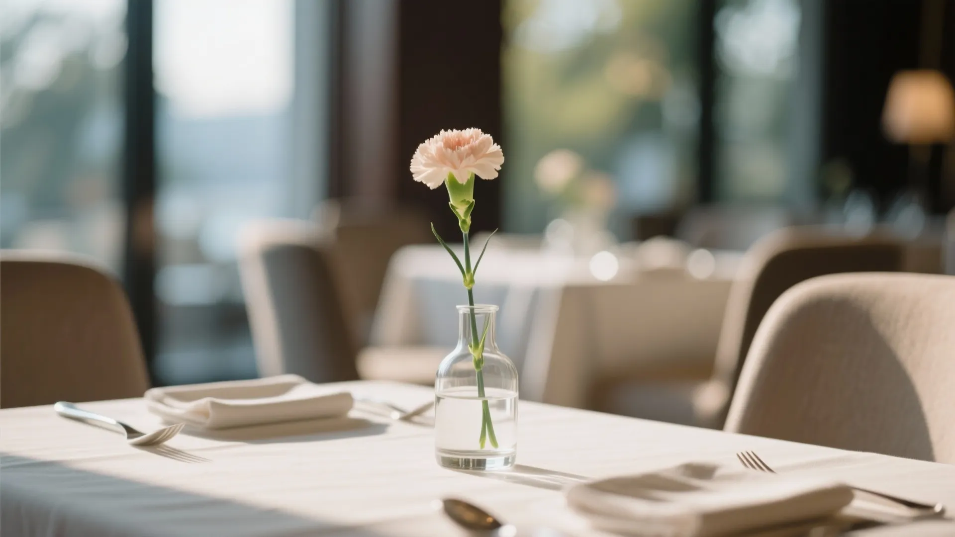 Single pink flower in a glass bottle on a white table with napkins and silver spoons