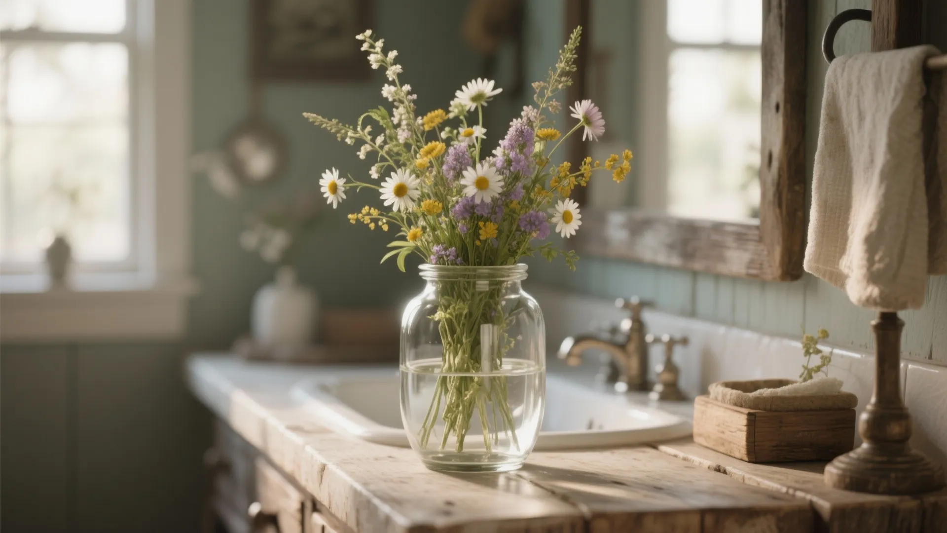 Glass jar with yellow and purple flowers on a wooden bathroom counter near a white sink