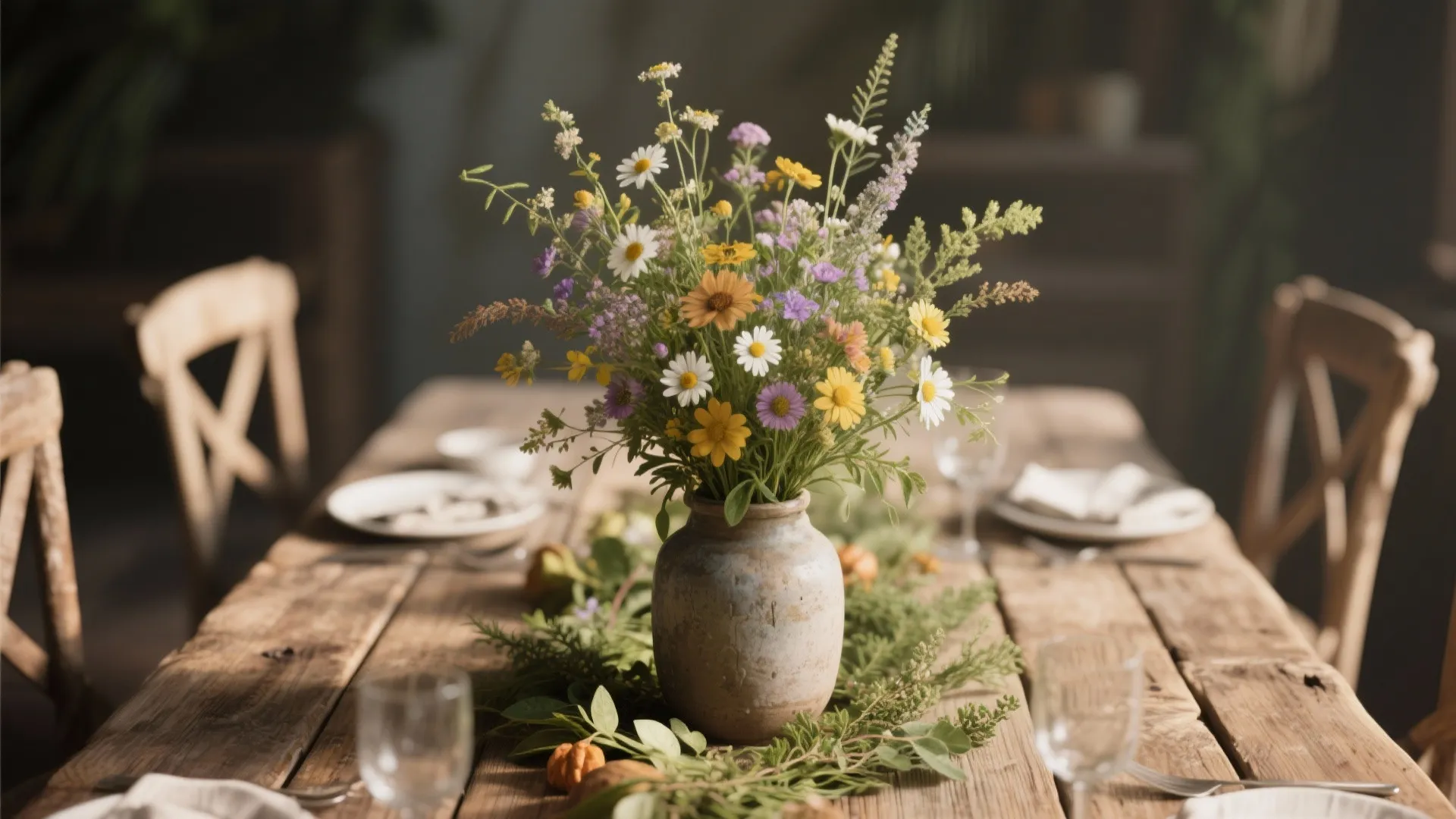 Wildflowers in vase on rustic dining table