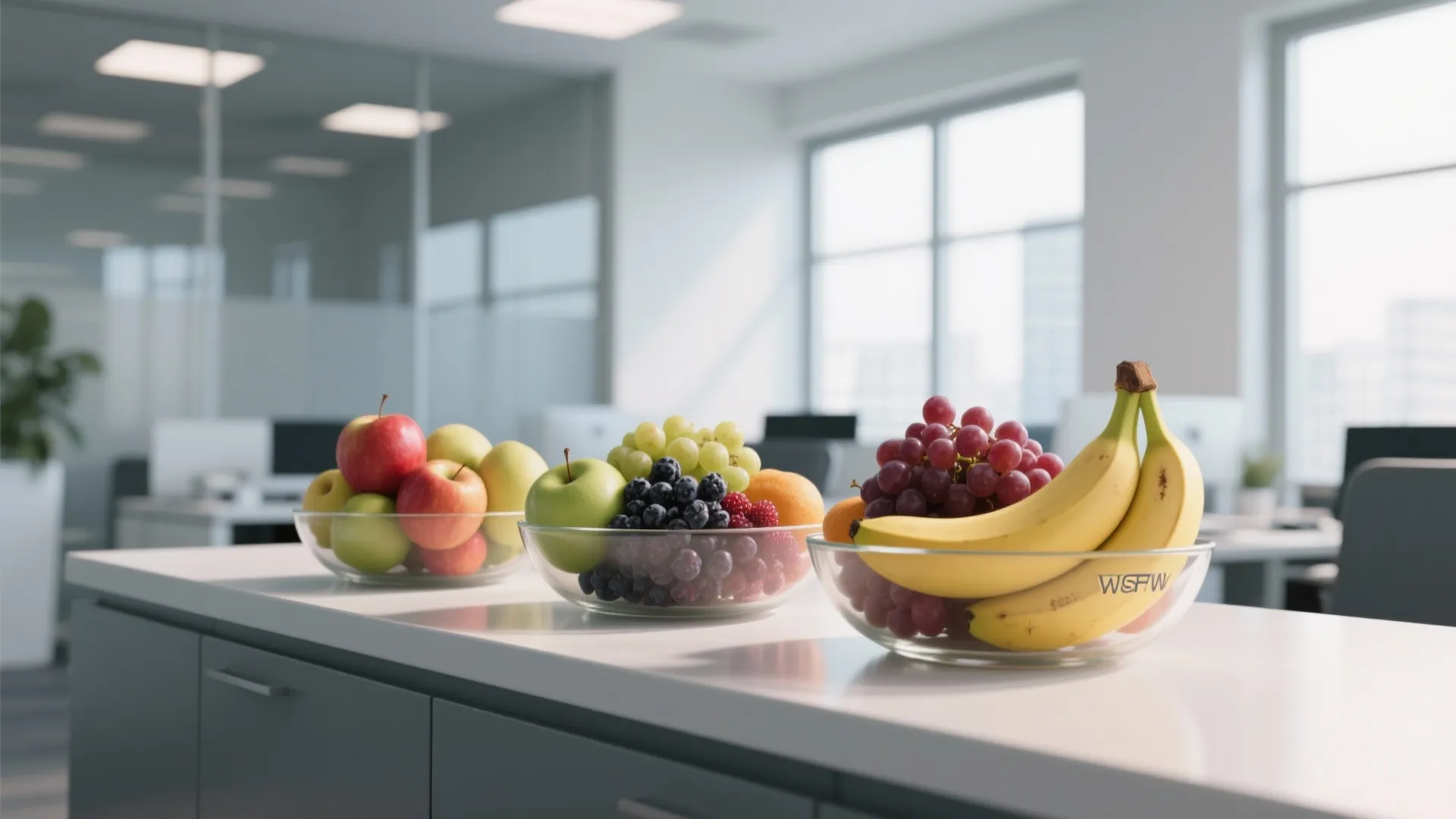 Three glass bowls filled with fresh apples grapes and bananas sitting on a white counter