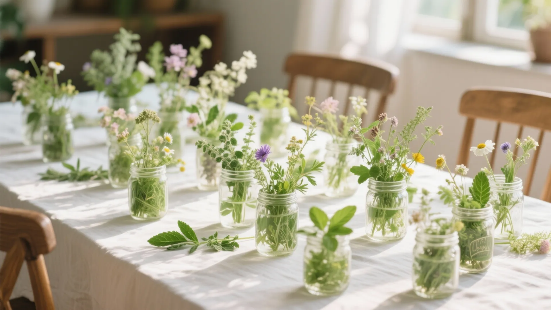 Long white table decorated with many small glass jars holding fresh green plants and flowers