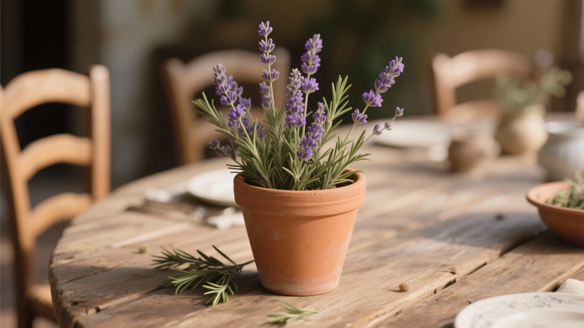 Small terracotta pot with purple lavender flowers on a rustic wooden dining table with chairs