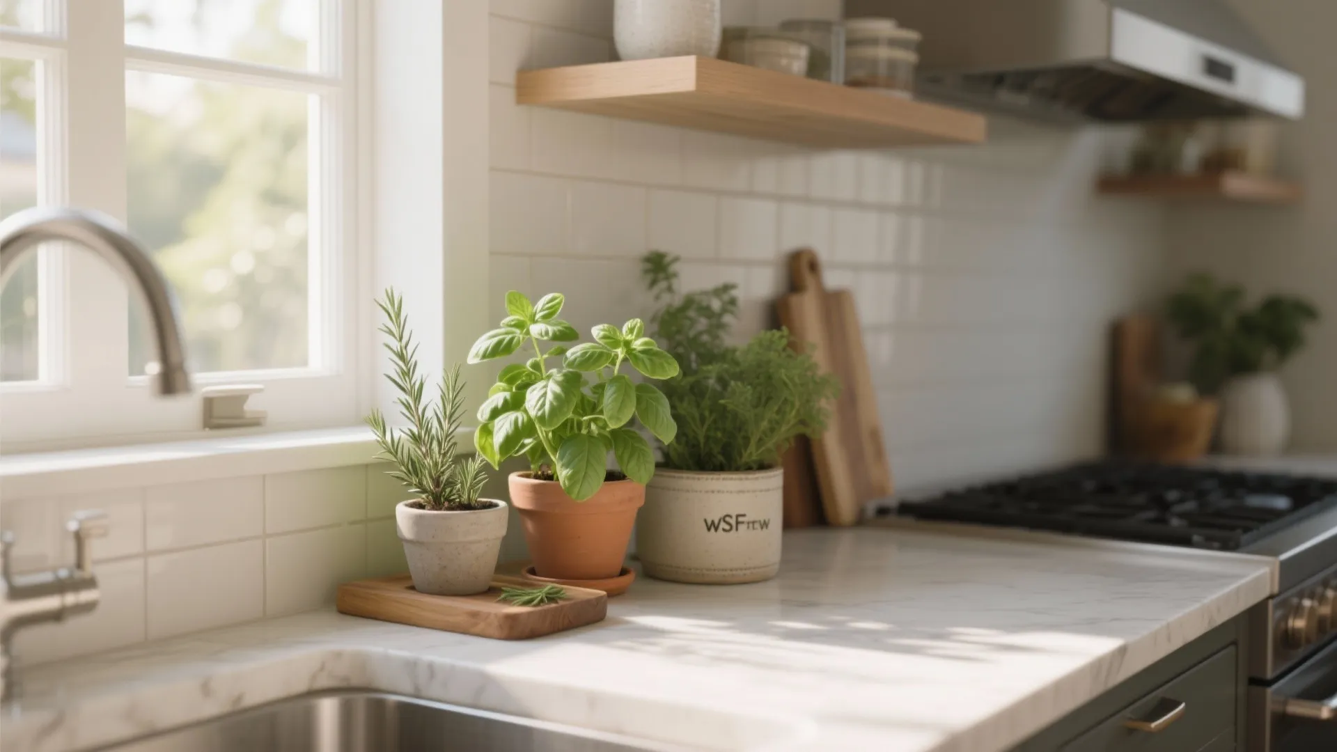 Bright kitchen counter with fresh green herbs in small pots near a window and sink