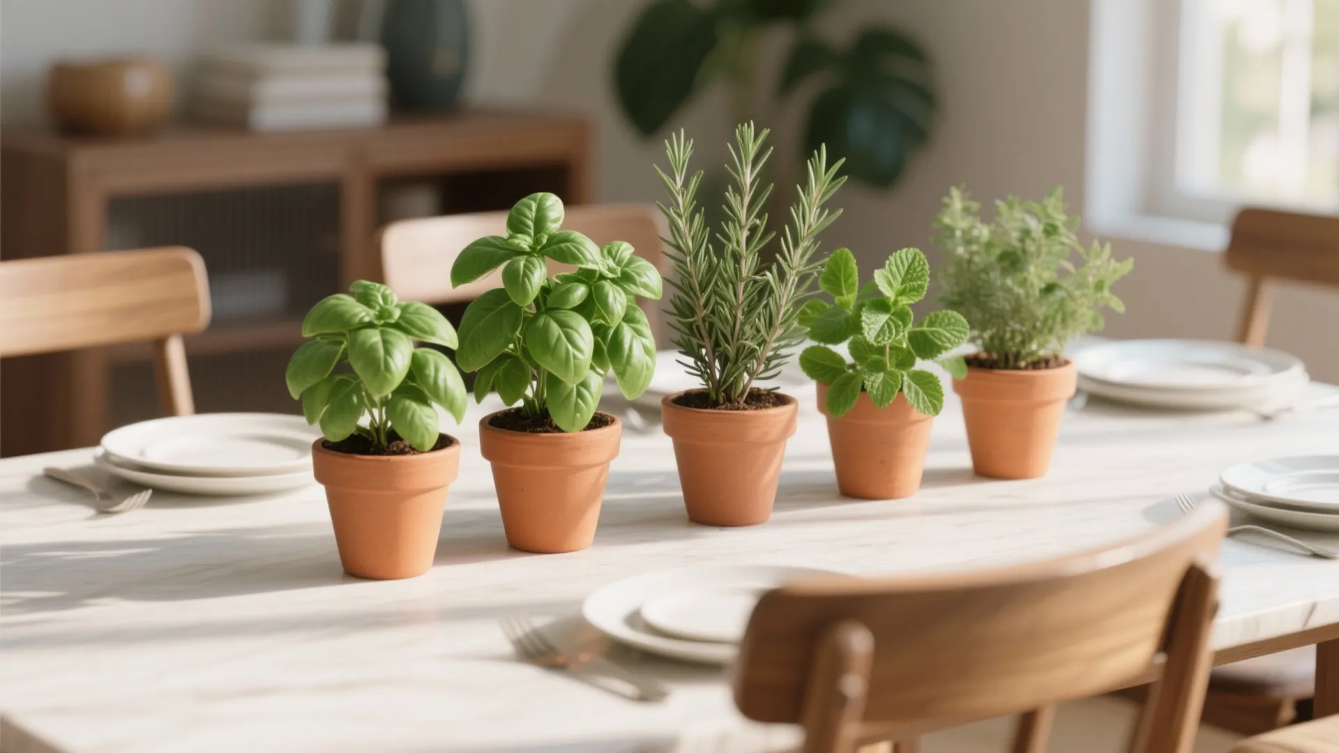 Five fresh herb plants in small clay pots arranged on a white dining table indoors