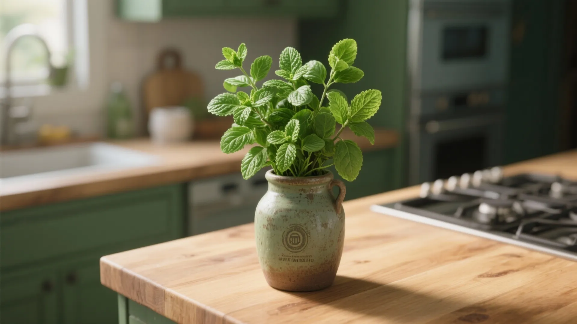 Rustic vase filled with fresh green herbs on kitchen island
