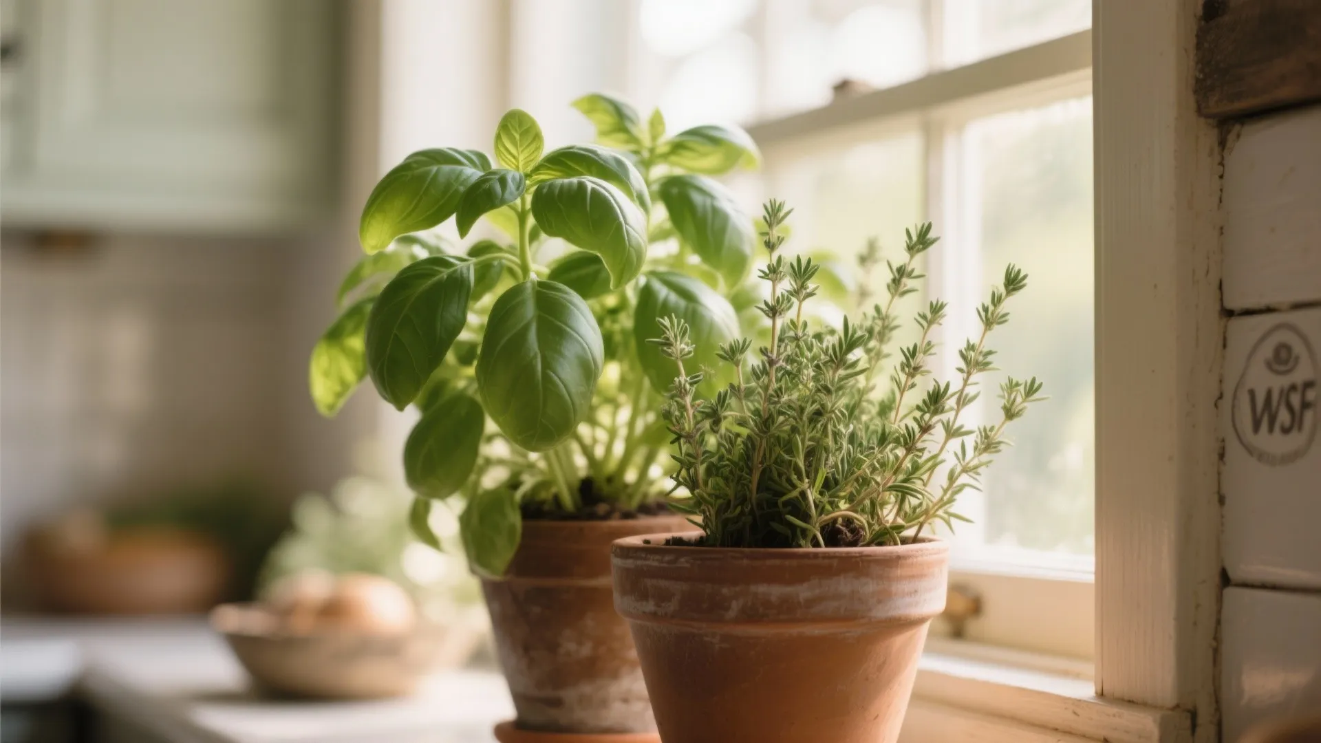 Fresh basil and thyme growing in pots on a windowsill