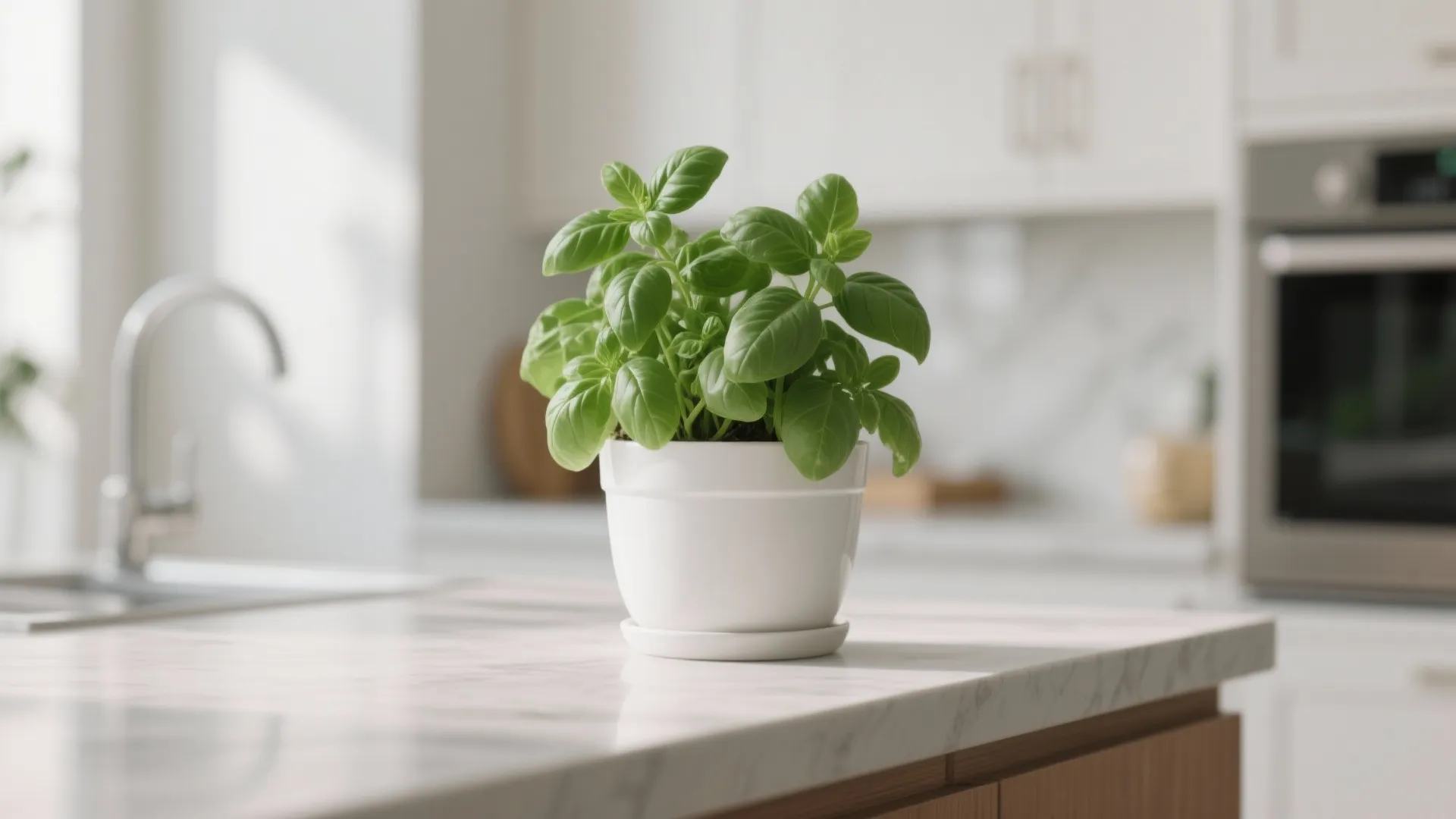 Green basil plant in a white pot sitting on a marble kitchen island with sink