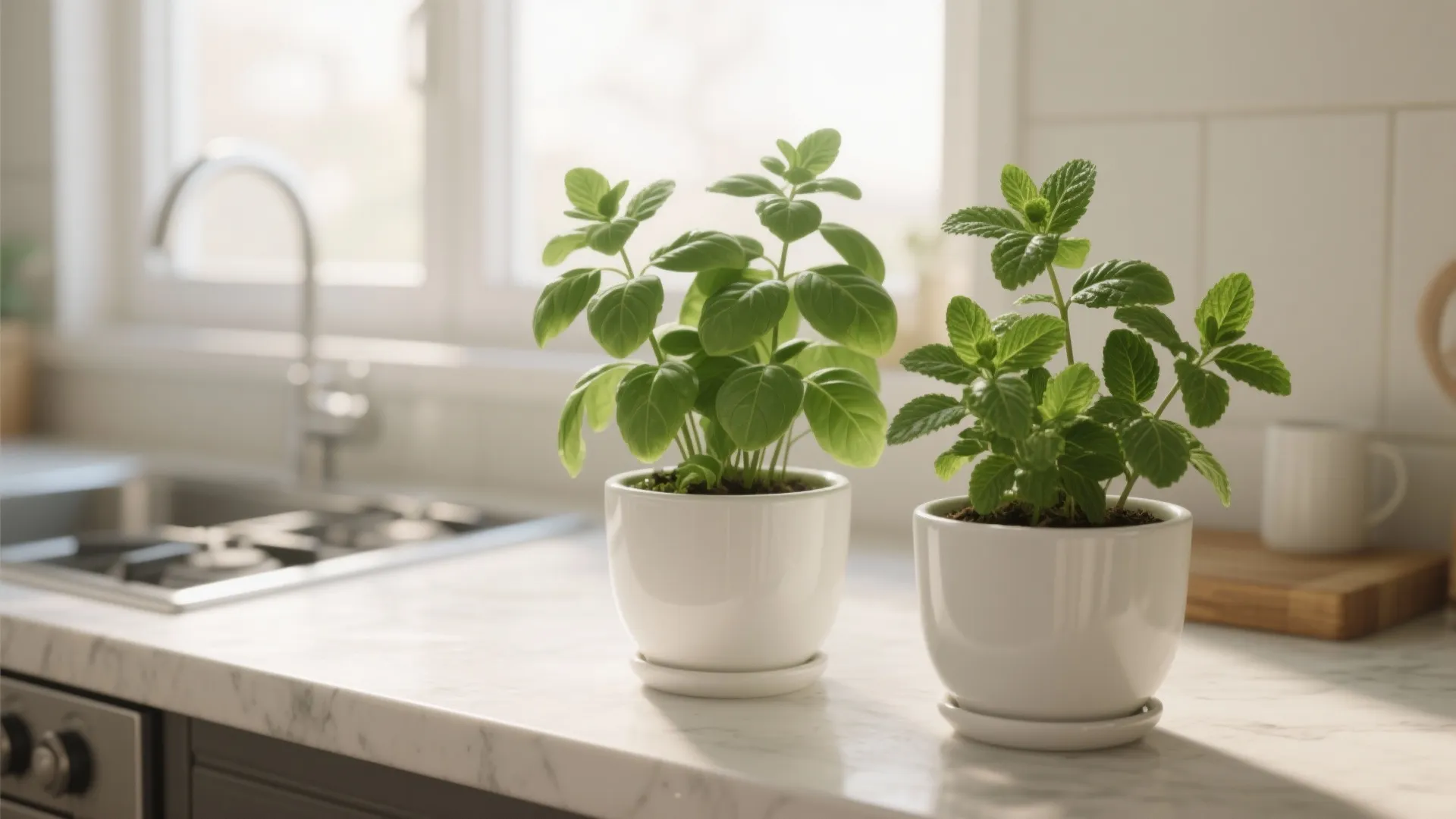 Two green plants in white pots on a marble kitchen counter with natural window light