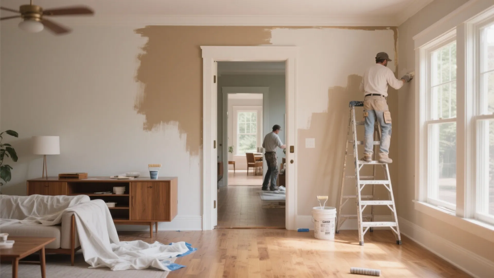 Professional painters painting a living room wall beige while using a ladder and white bucket