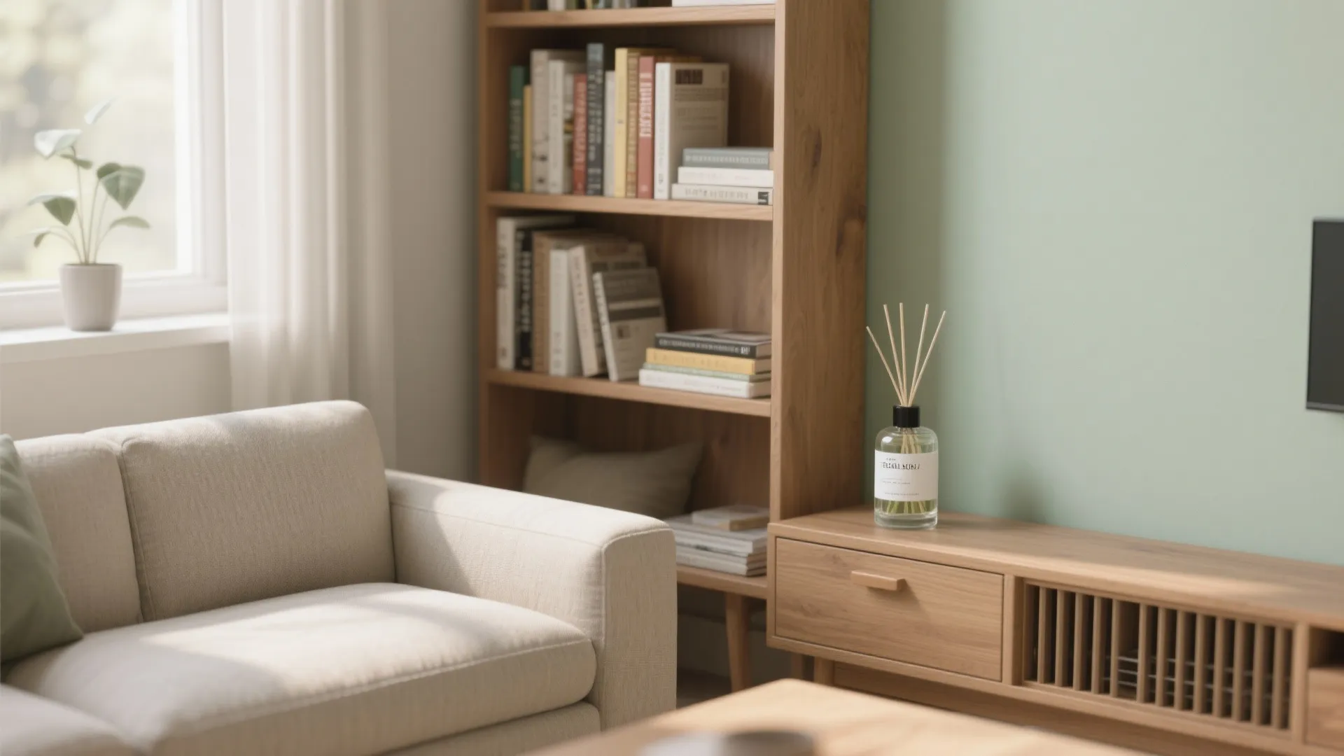 Modern living room area with beige sofa wooden bookshelf cabinet light green wall and natural light