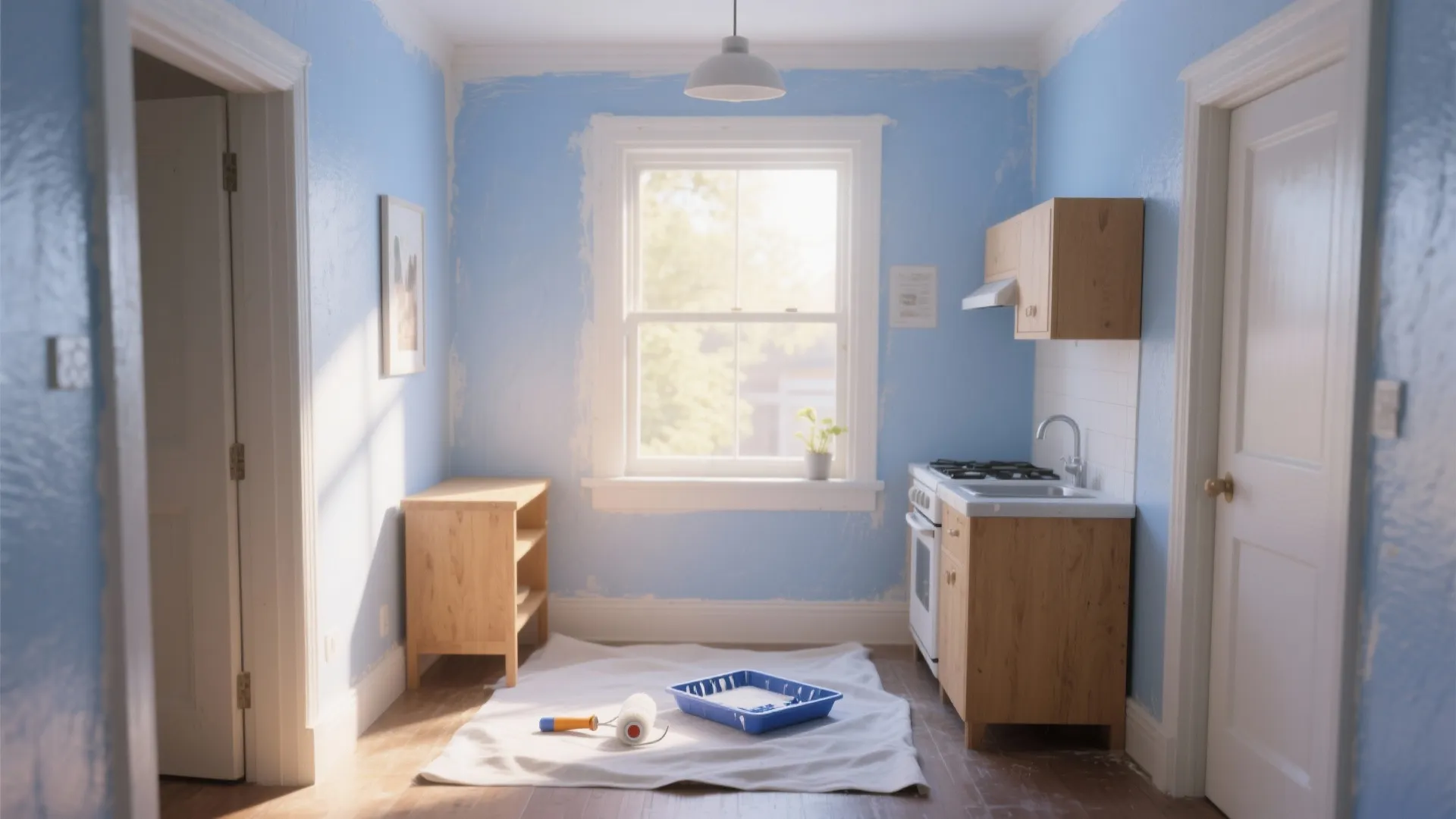 Small kitchen room undergoing wall painting with blue paint wooden cabinets and floor protection sheet