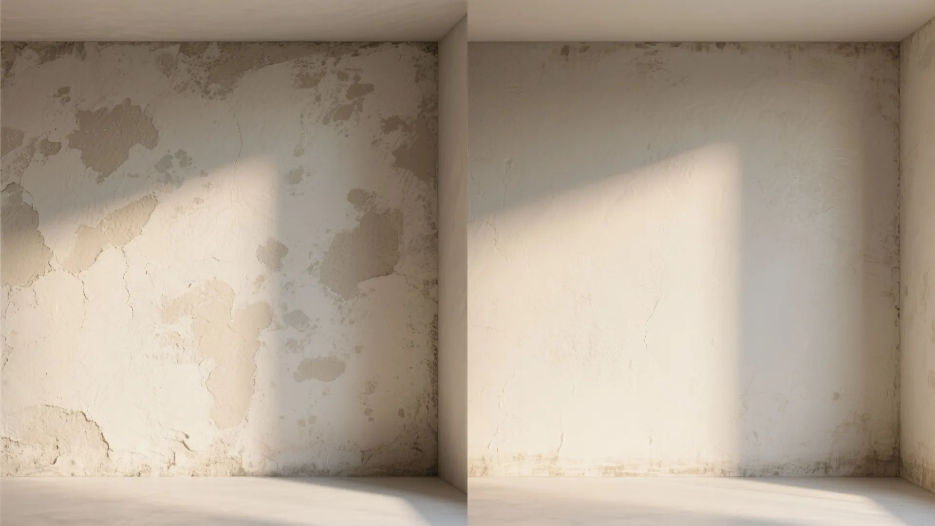 Side-by-side comparison of an old peeling wall and a smooth freshly painted interior wall design