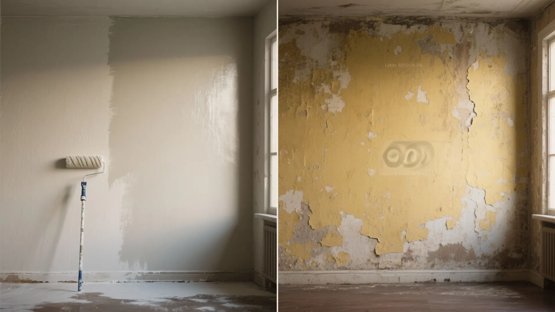 Side by side comparison of a fresh white painted wall and a damaged old yellow wall