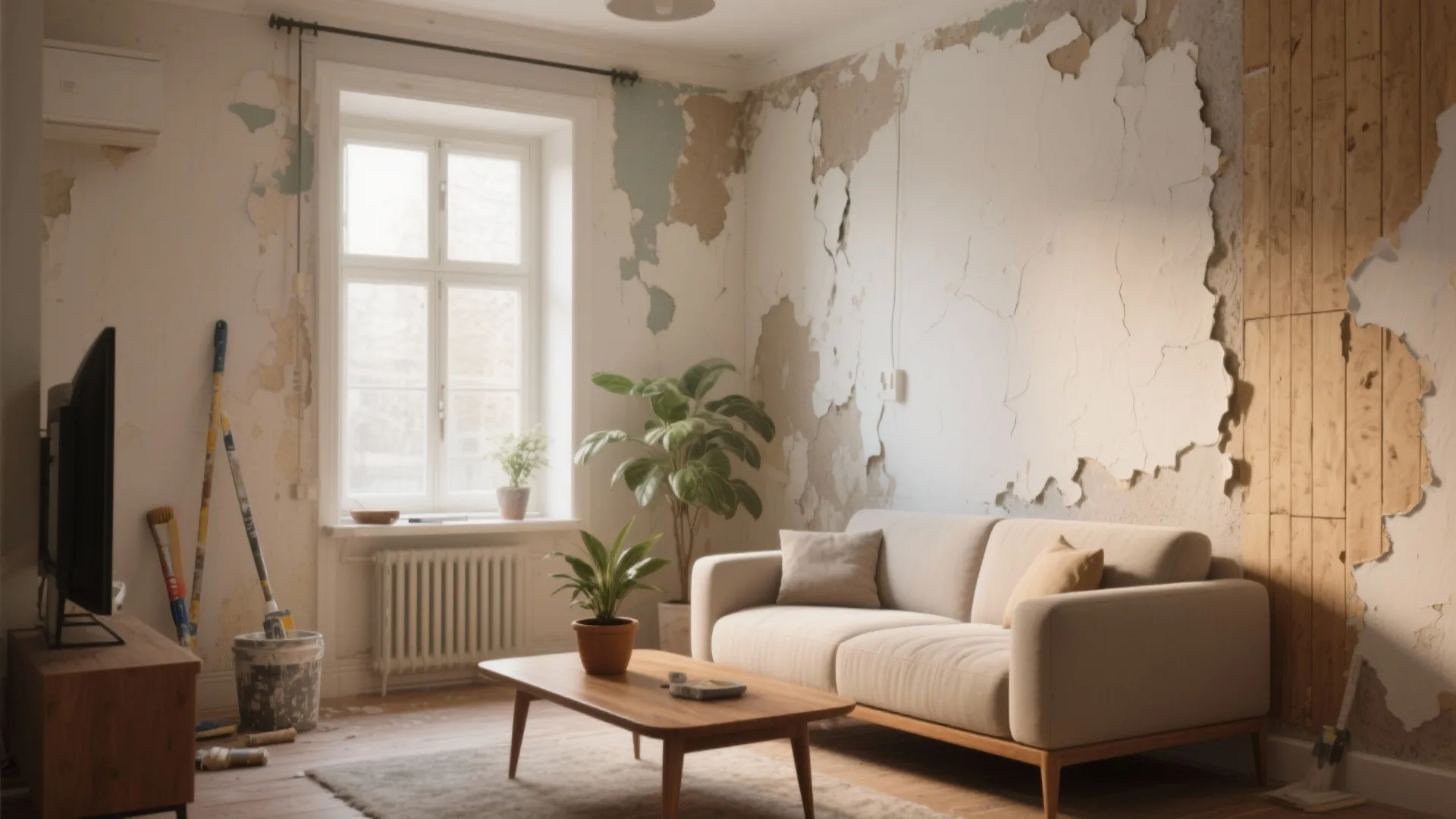 Living room renovation showing peeling paint on walls with cream sofa coffee table and green plant
