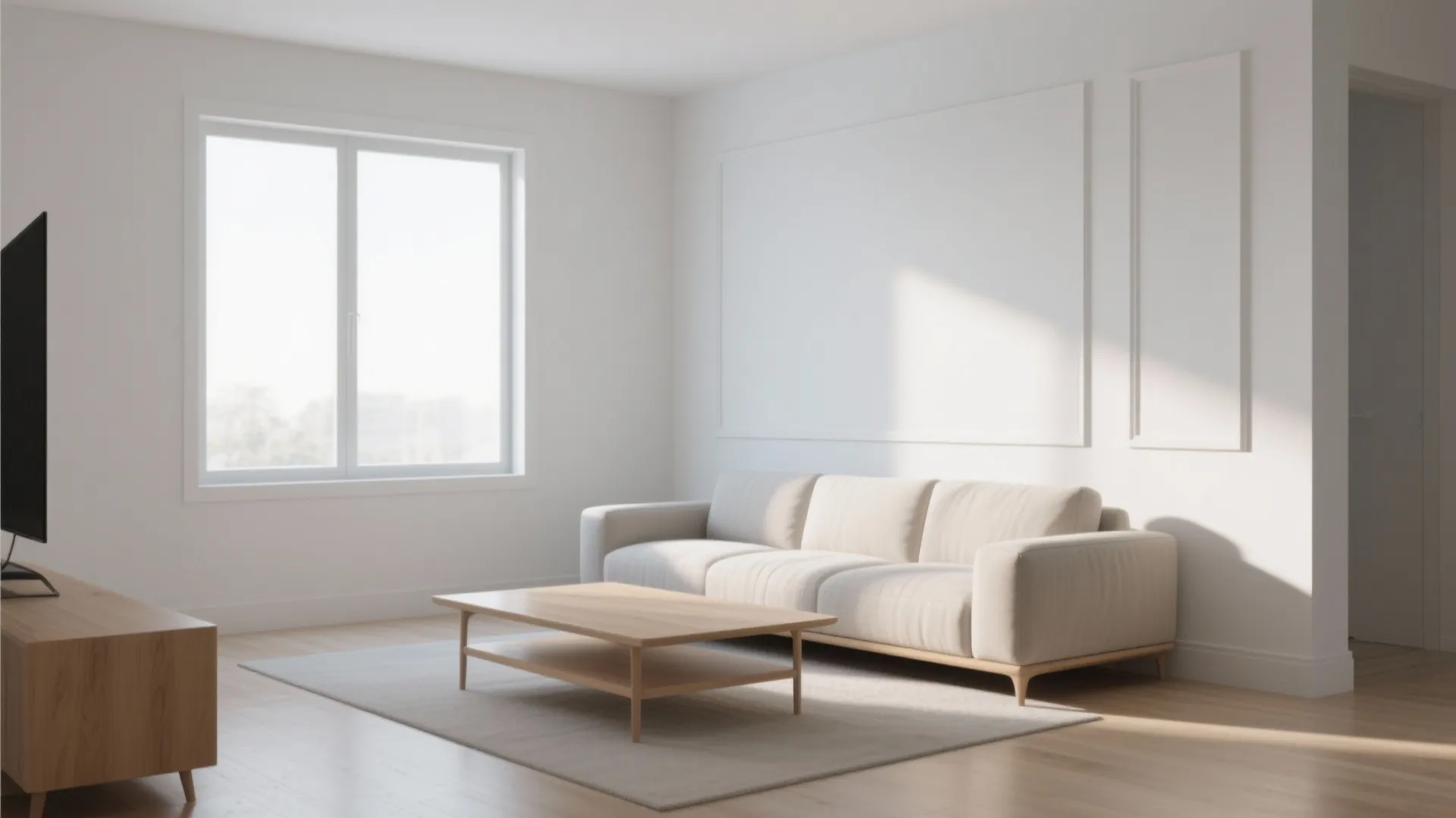 Bright living room featuring white wall panel designs a beige sofa and a large clear window