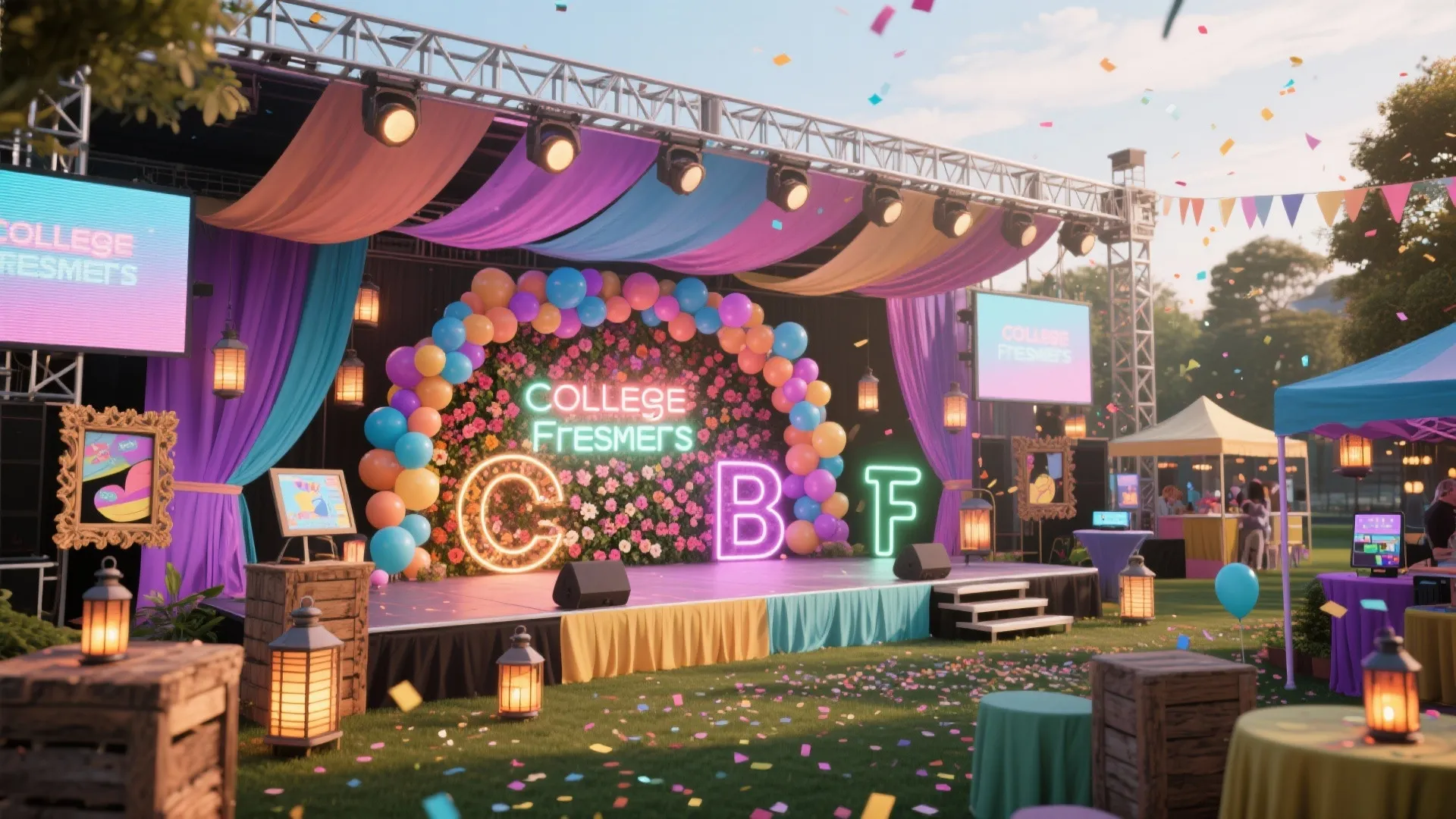 Outdoor event stage with balloon arch flower wall neon signs lanterns and colorful hanging fabric decorations