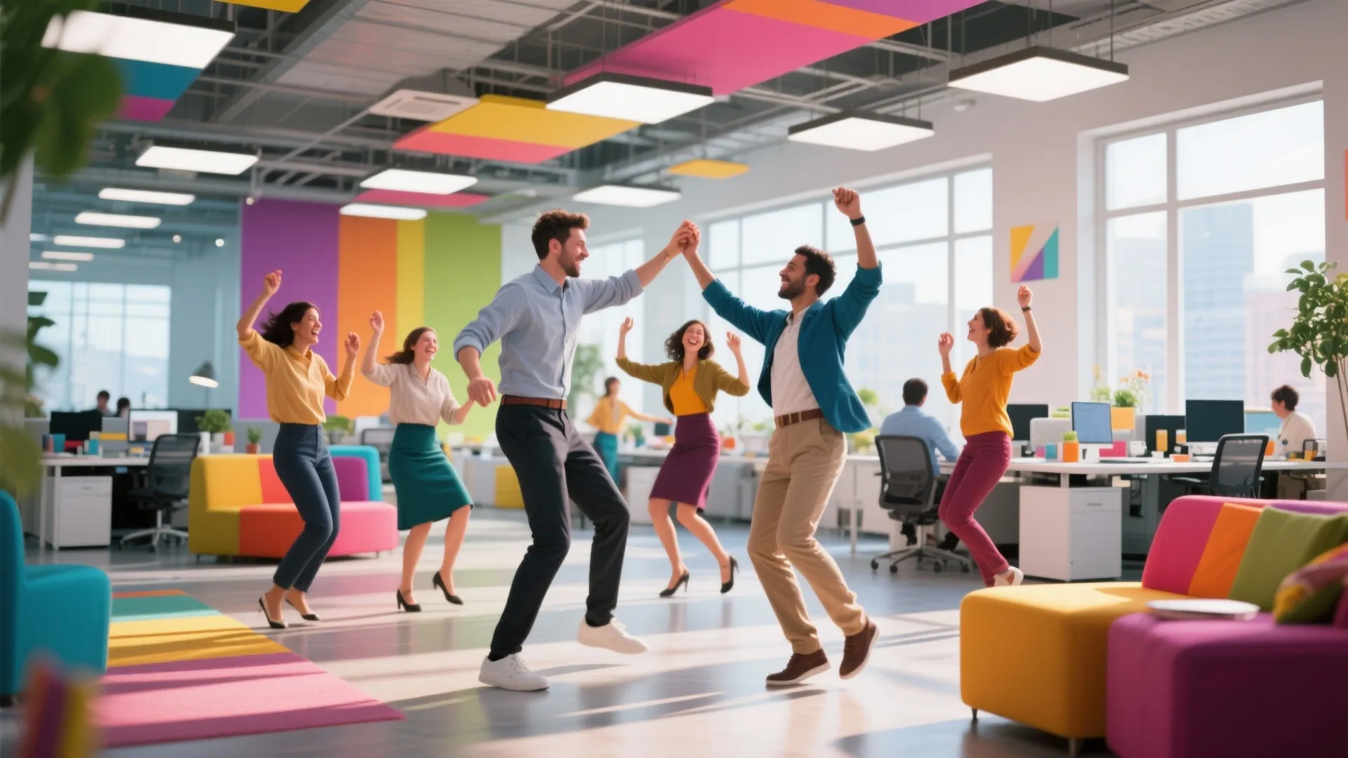 Team dancing together in a bright office space