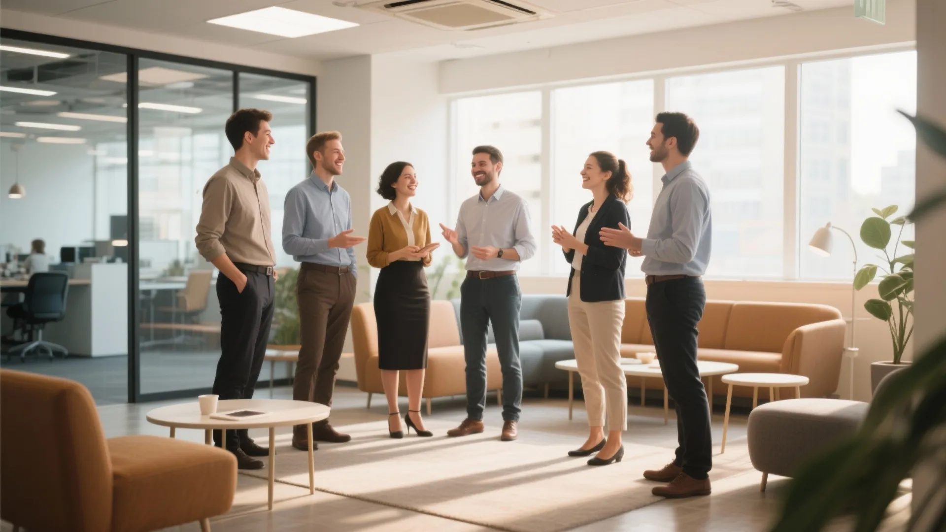 Diverse professional team standing in modern office lounge area talking together with sofa and table