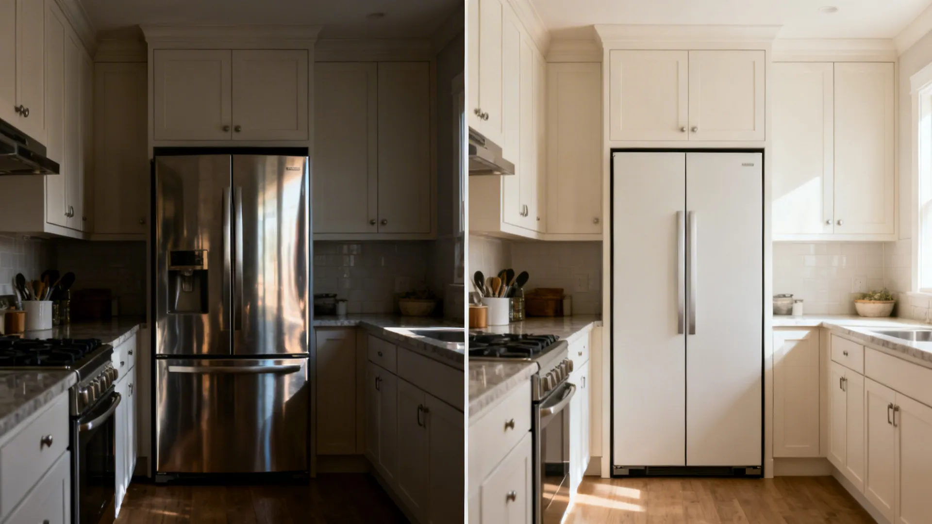 Before-and-after showing freestanding fridge replaced by integrated panelled tall unit in a small galley.