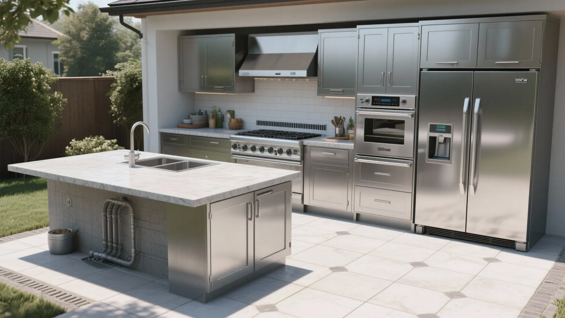 Modern outdoor kitchen featuring stainless steel appliances fridge cabinets island sink and white tiled floor