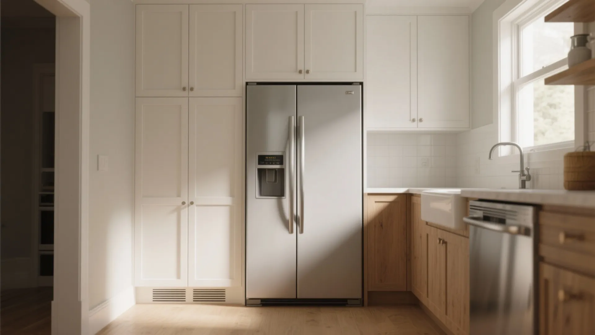 Modern white kitchen with stainless steel fridge built into tall cabinets and light wood flooring