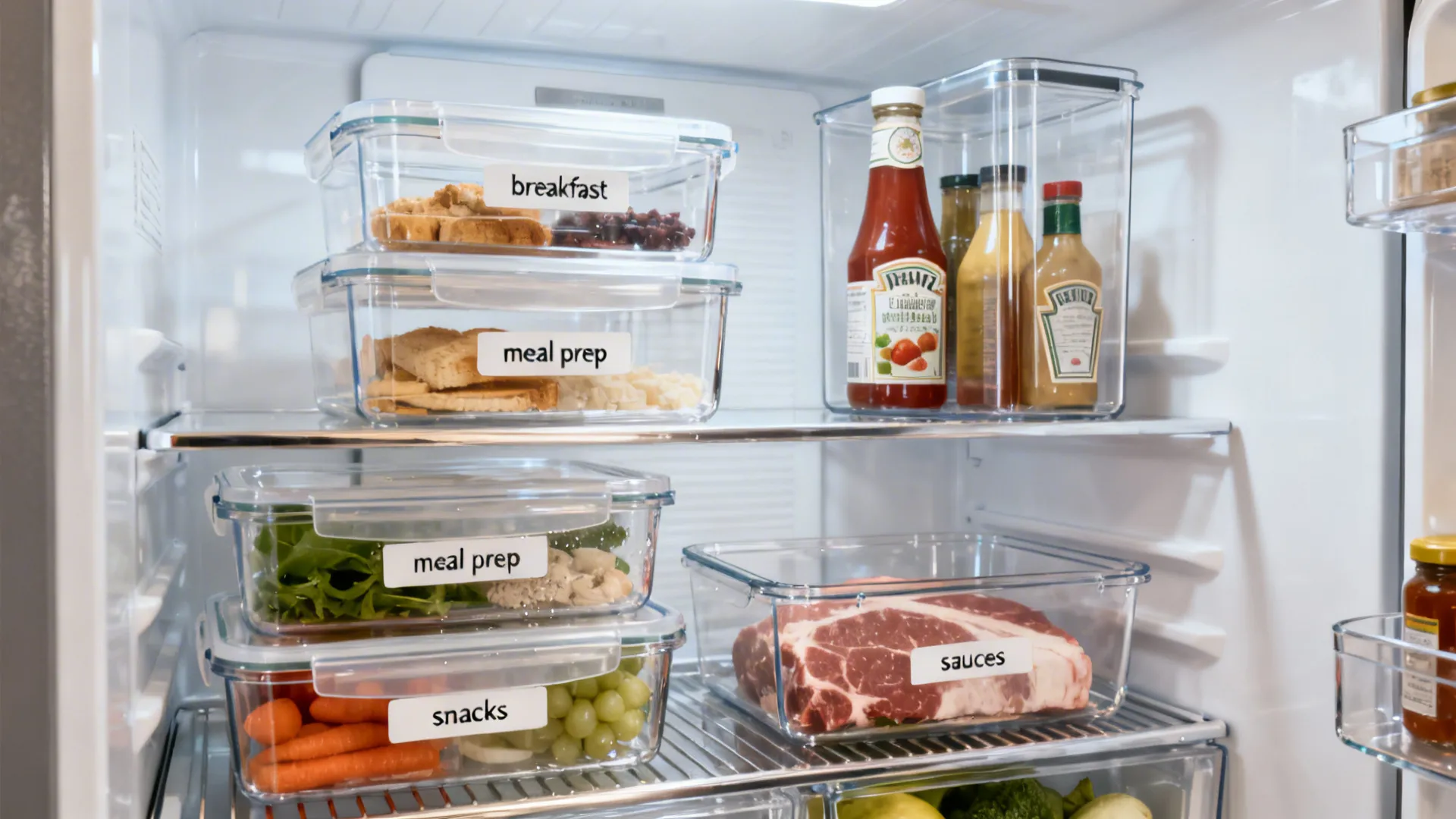 Open fridge with clear labeled bins for breakfast, meal prep, snacks, and sauces with proteins on the lowest shelf.