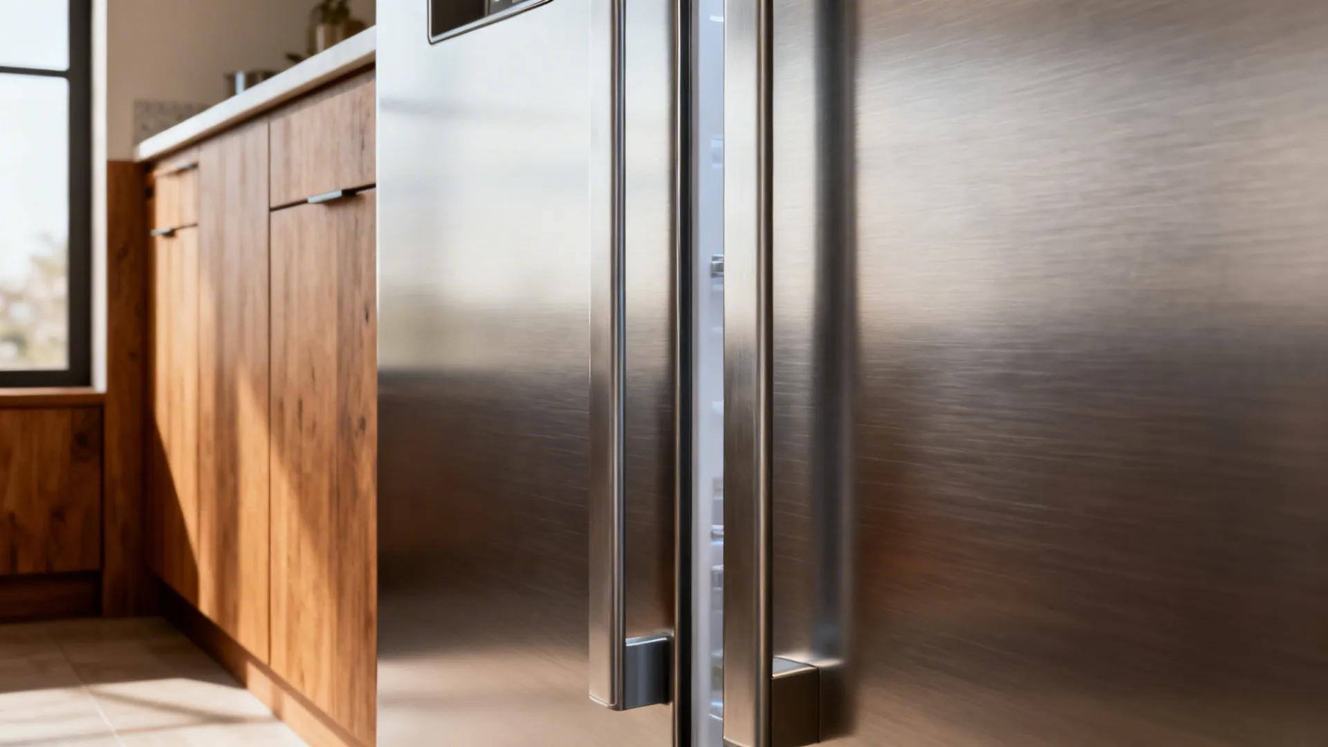 Macro of counter-depth fridge with clear door swing space beside warm wood cabinetry.