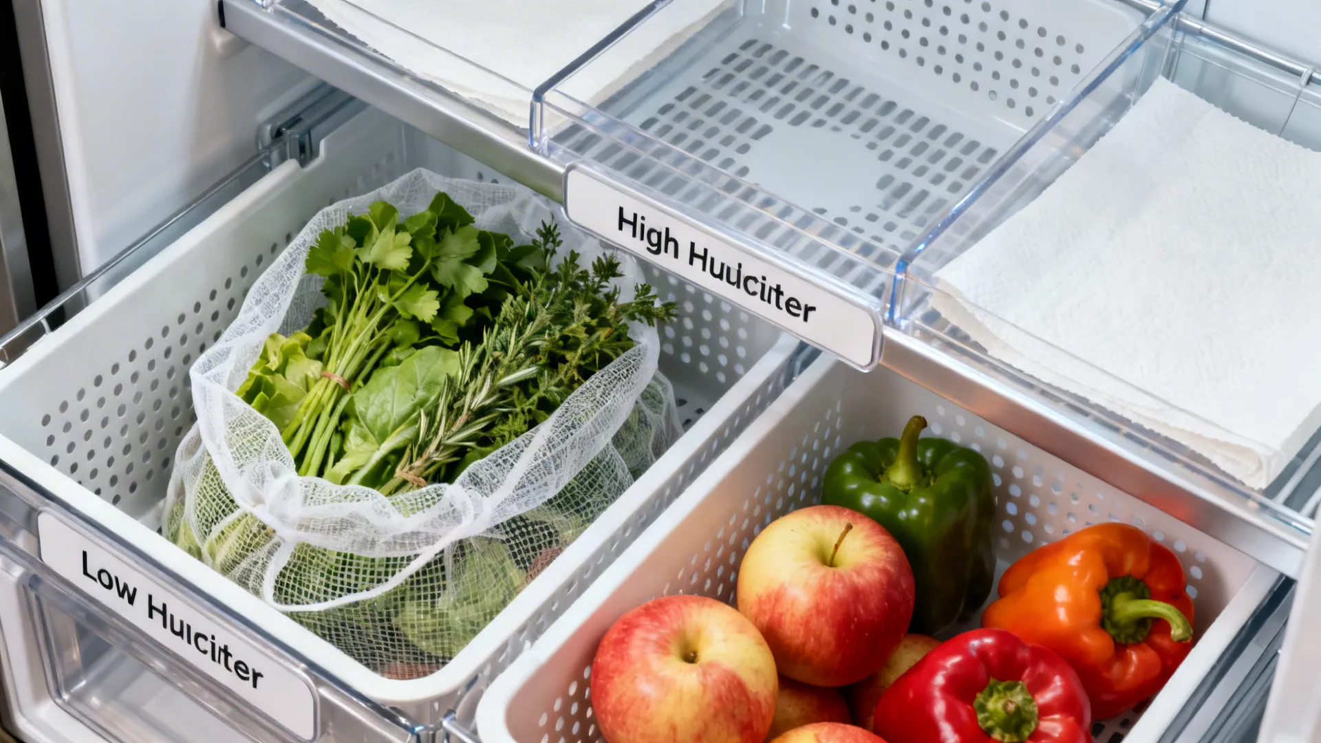 Top-down view of fridge crispers organized by humidity with greens in mesh bags and fruit in low-humidity.