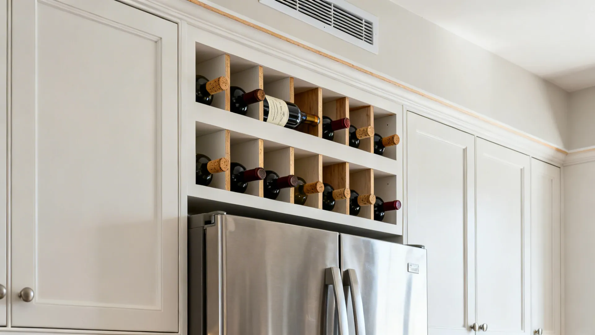 Built-in horizontal wine cubbies above a stainless fridge in a bright modern kitchen.