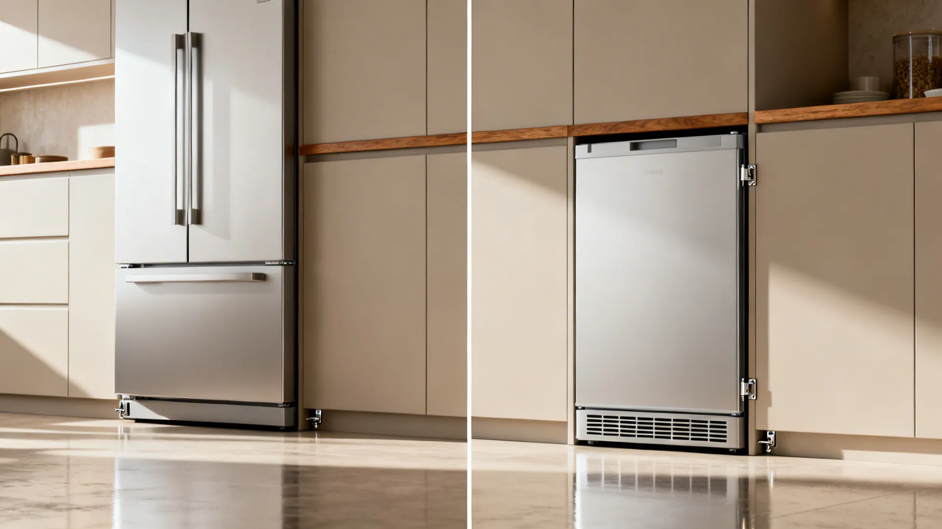 Comparison of a protruding full-depth fridge versus a flush counter-depth built-in in the same kitchen.