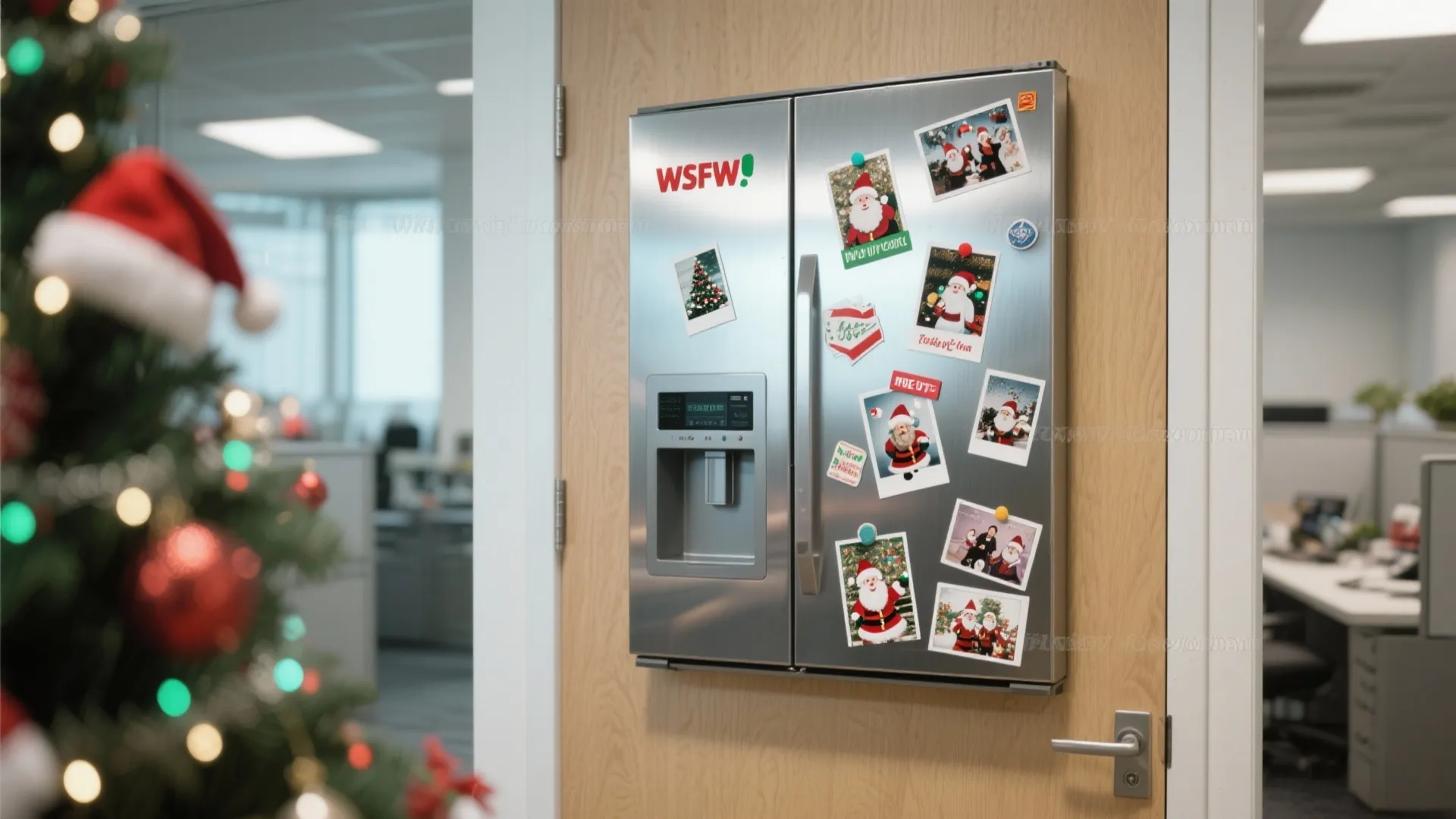 Wooden office door featuring a silver refrigerator door decoration covered with various Santa Claus photos