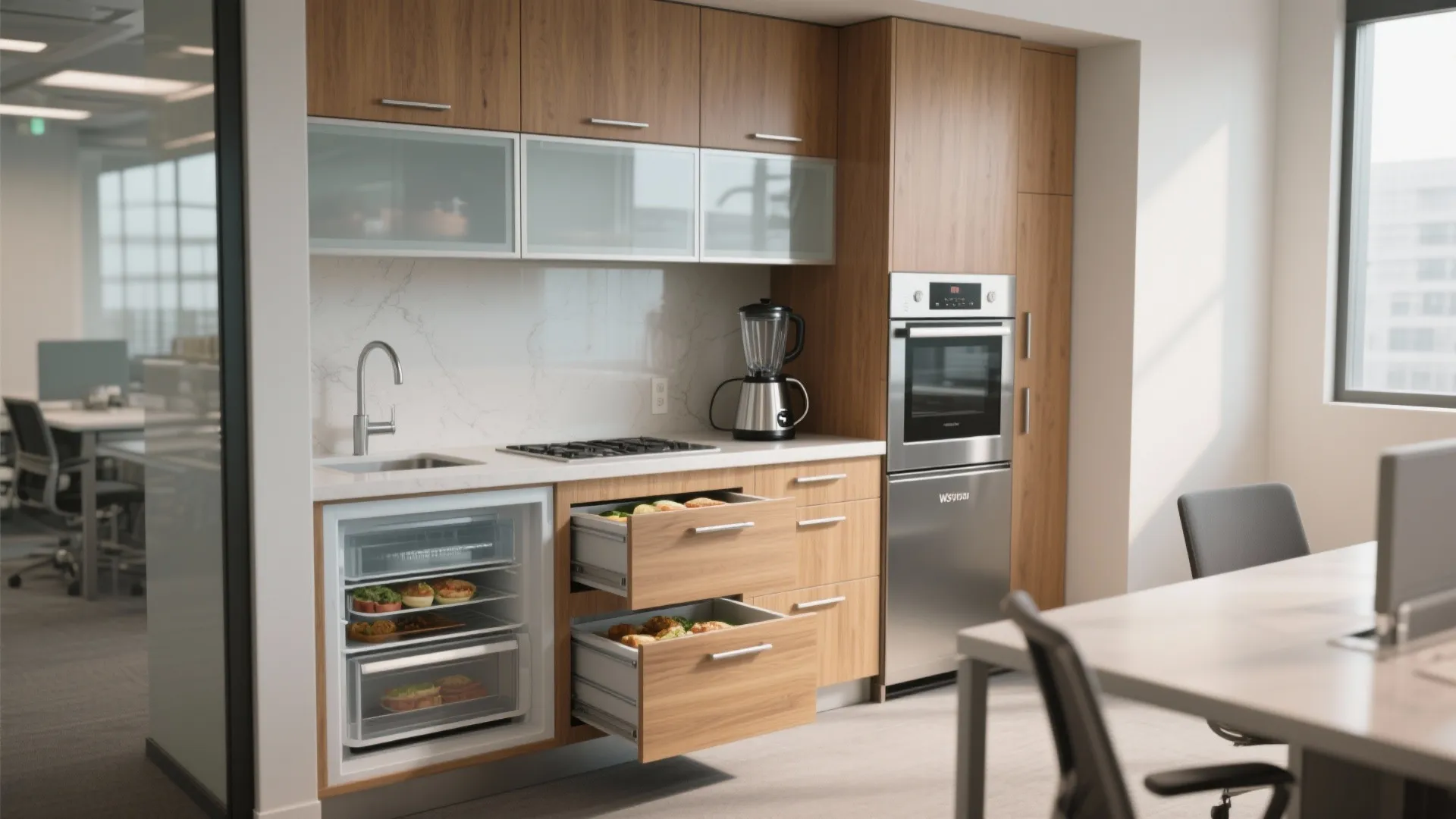 Modern office kitchen featuring wooden cabinets a small fridge oven and open drawers containing food
