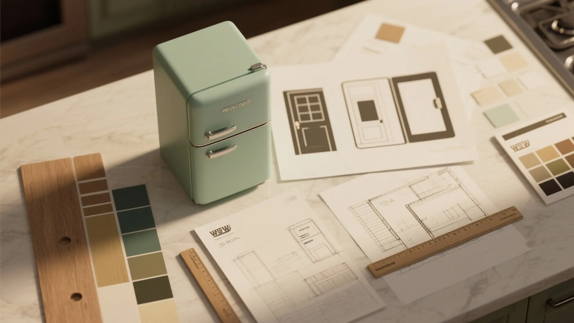 Mint green small fridge on marble counter with interior design drawing papers and color swatches