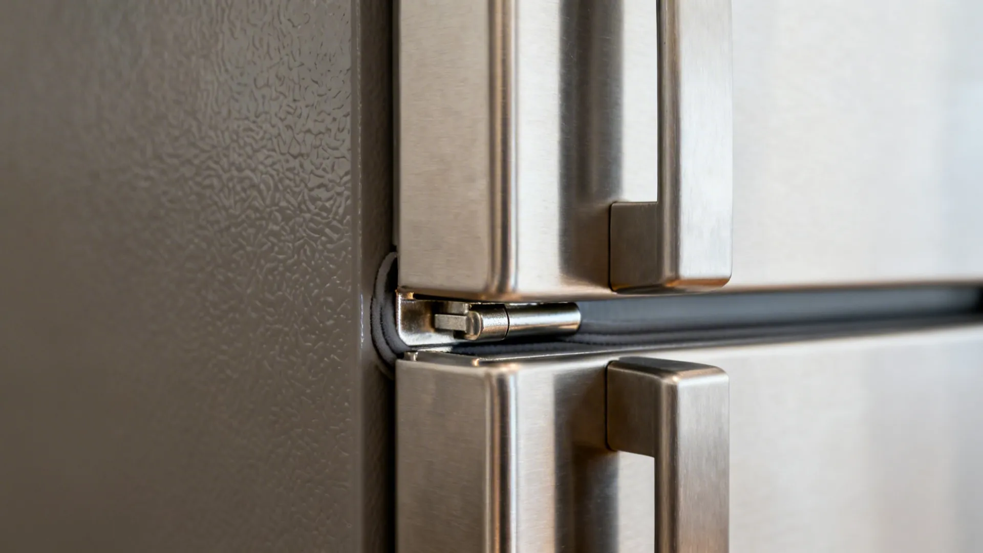 Macro of refrigerator hinge and door swing gap beside a cabinet wall.