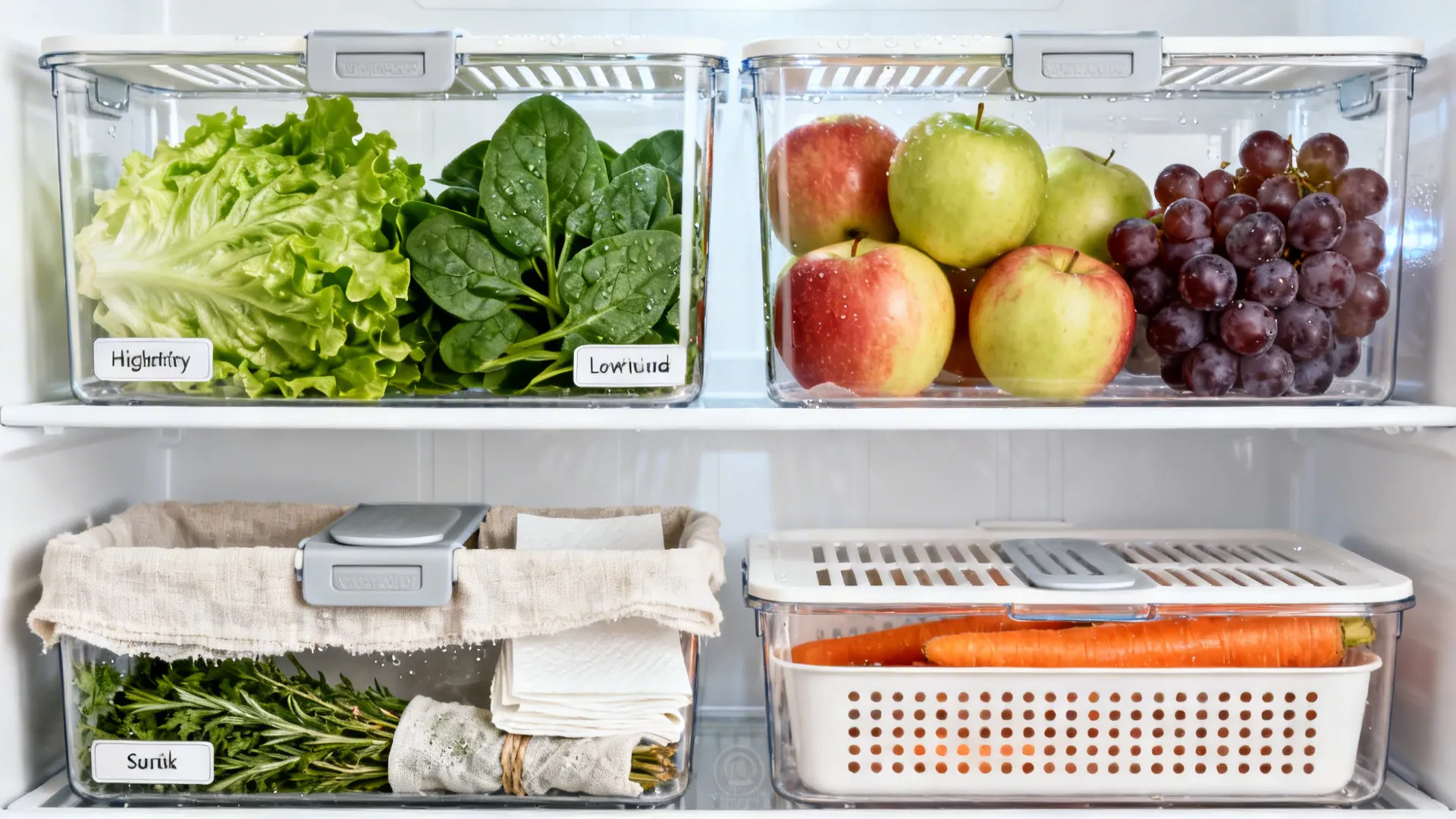Flatlay of clear adjustable-vent fridge bins holding leafy greens, herbs, carrots, and fruits with liners.