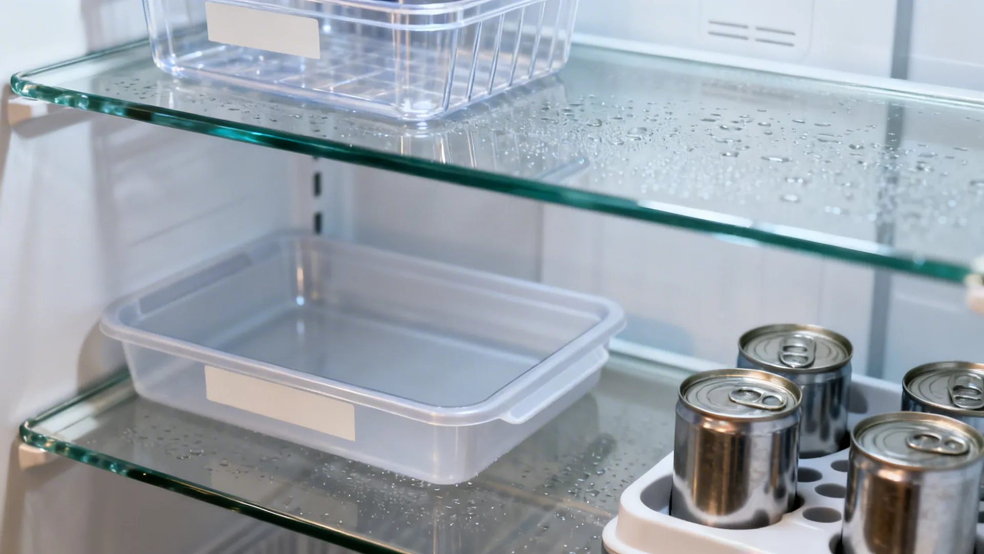 Macro view of fridge interior with adjustable shelves, clear bins, deli tray, and a can riser.