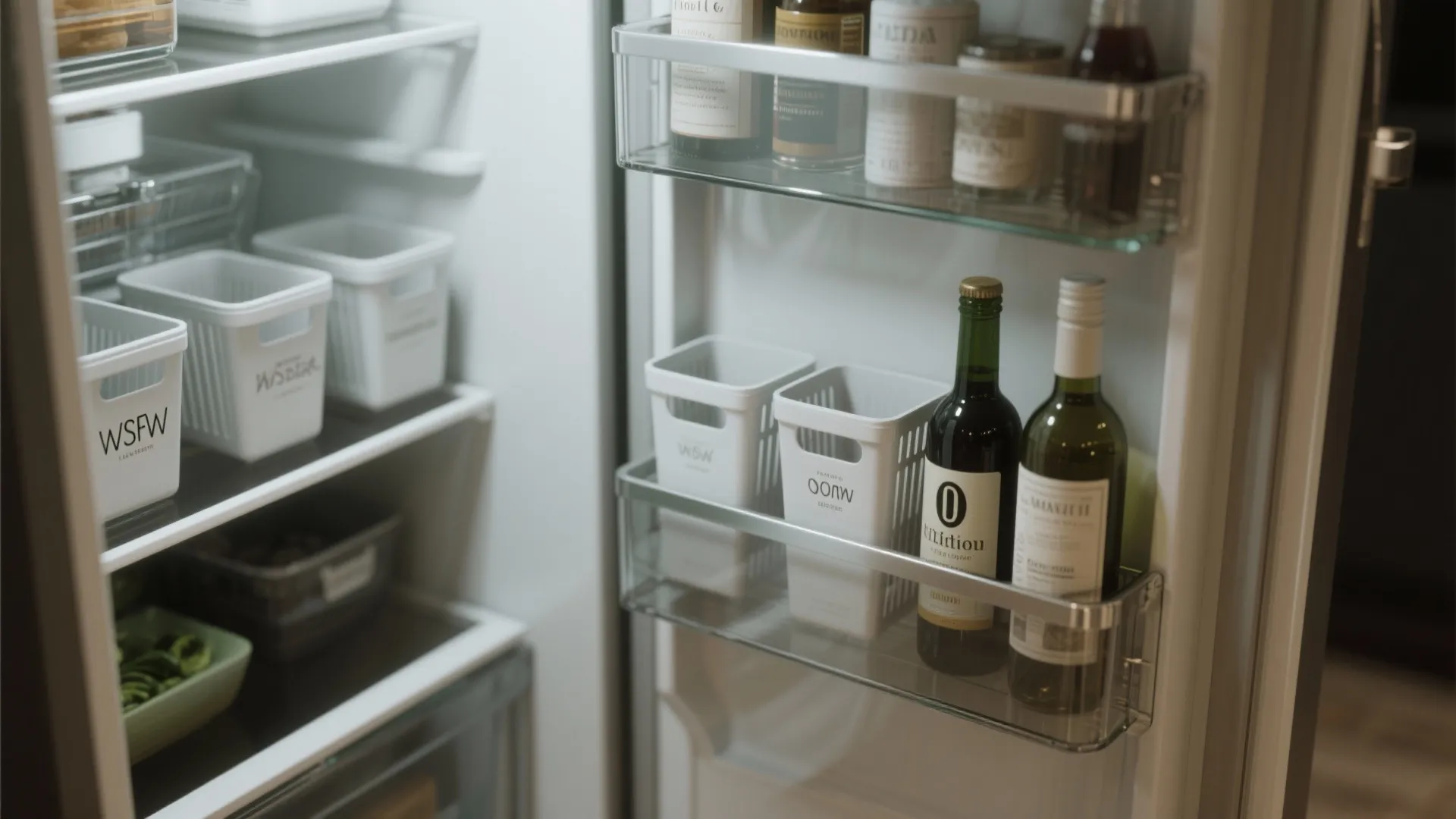 Open fridge interior showing organized shelves with white plastic bins and glass wine bottles inside