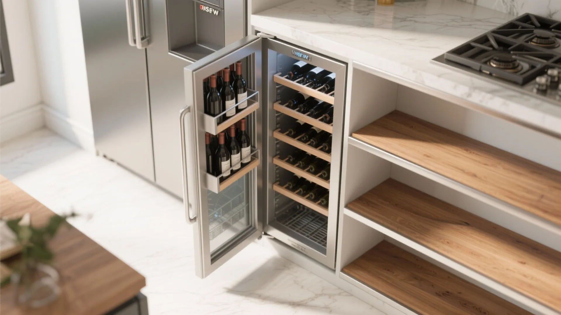 Top-down view of a slim wine fridge integrated with built-in open shelving showing door swing.