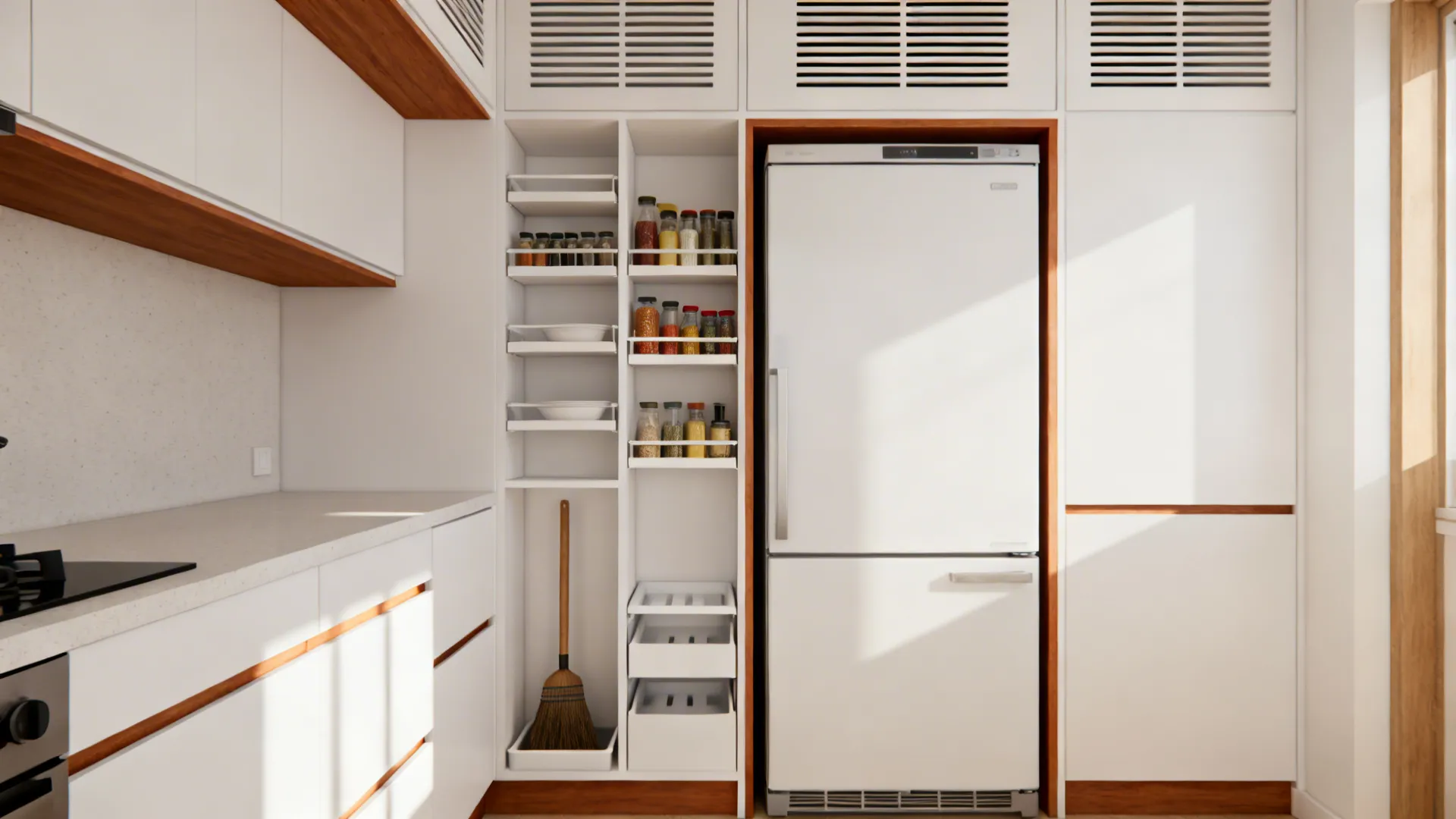Built-in fridge surround with shallow pull-outs, a broom niche, tray slots, and discrete ventilation panels.